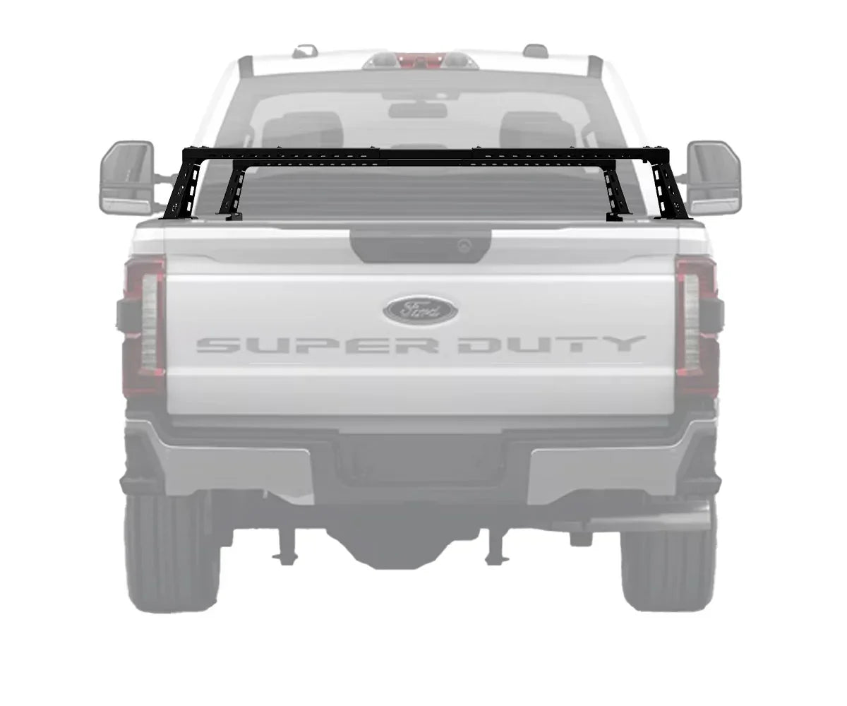Ford Super Duty truck bed with black overland bed rack for expedition gear