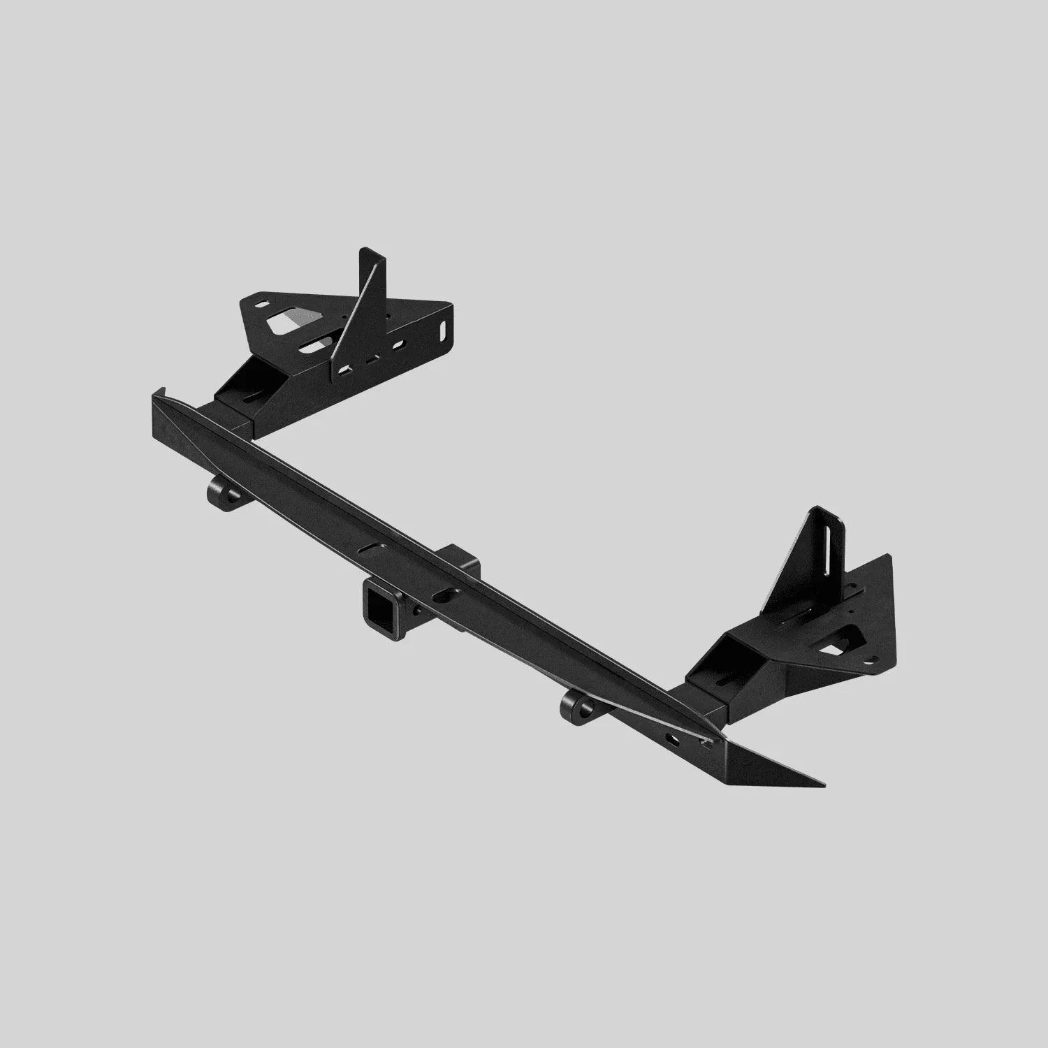Heavy-duty black steel rear bumper hitch mount for Toyota Tacoma, isolated on gray background