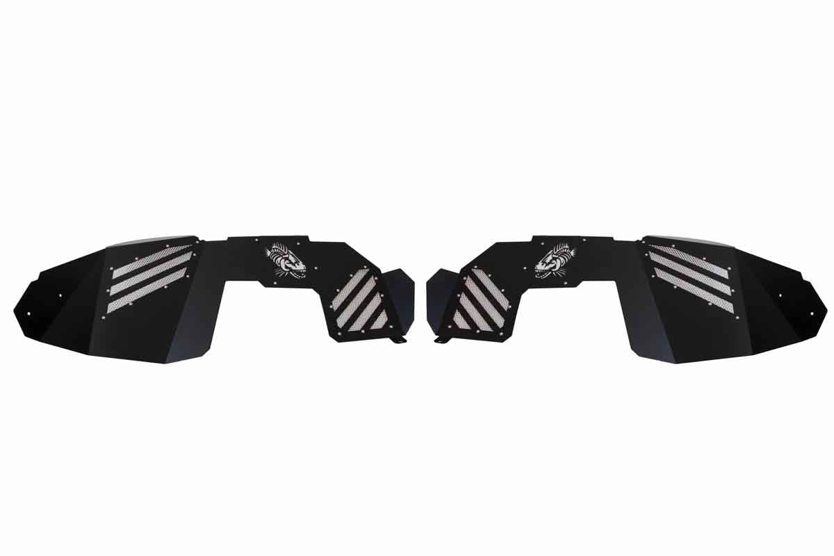 Black metal inner fender liners with mesh vents for Jeep Gladiator or Wrangler