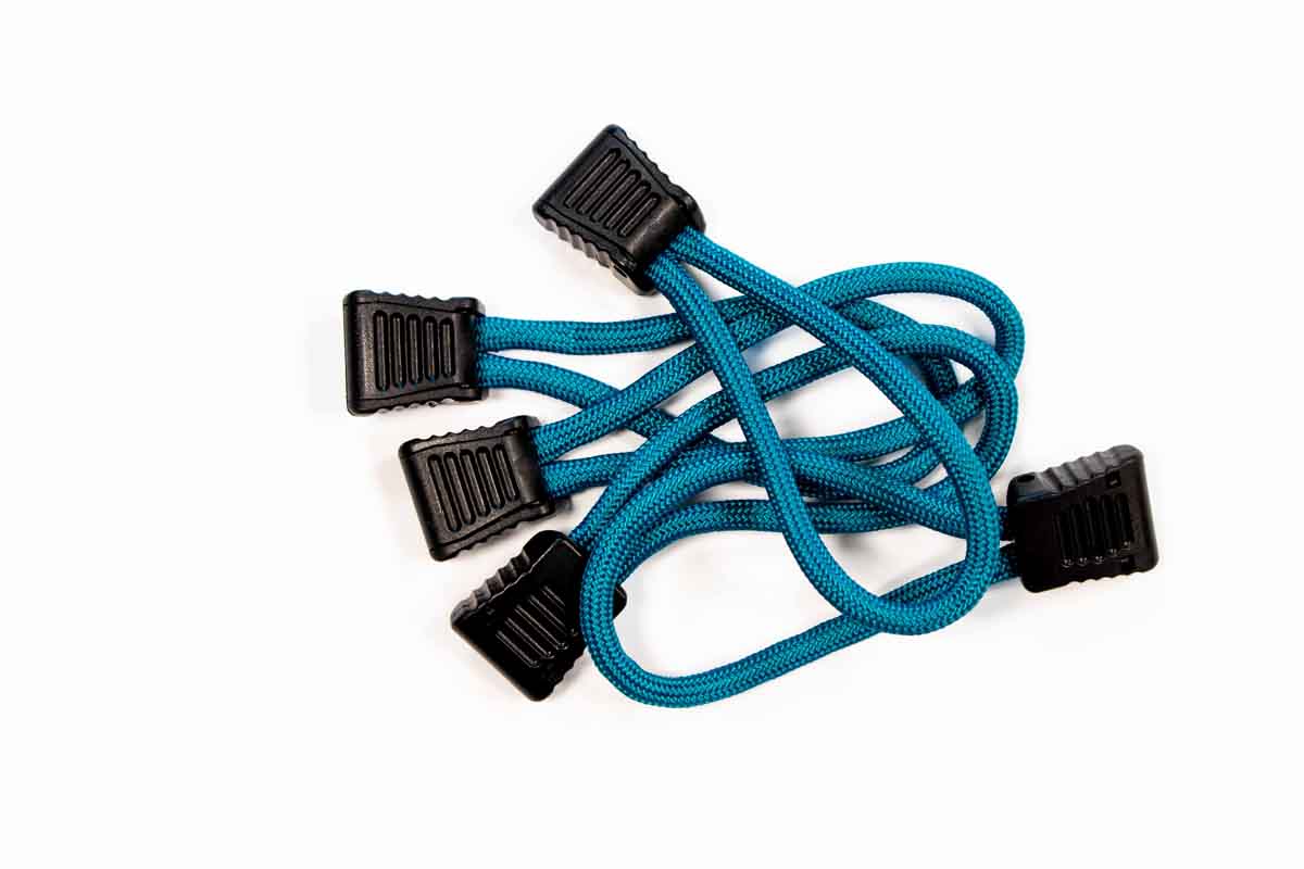 Blue utility bungee cord with black plastic hooks, overlanding camping accessory