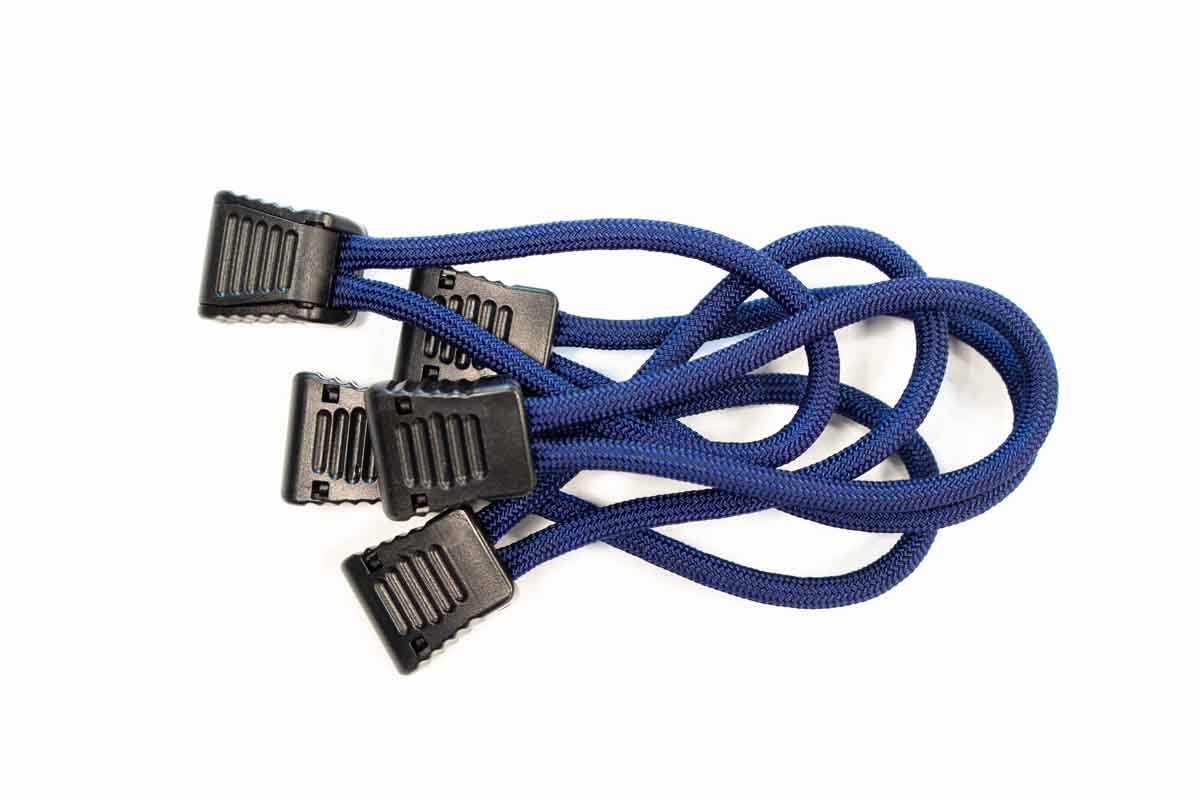 Blue braided bungee cords with black plastic clips for overlanding gear and camping accessories