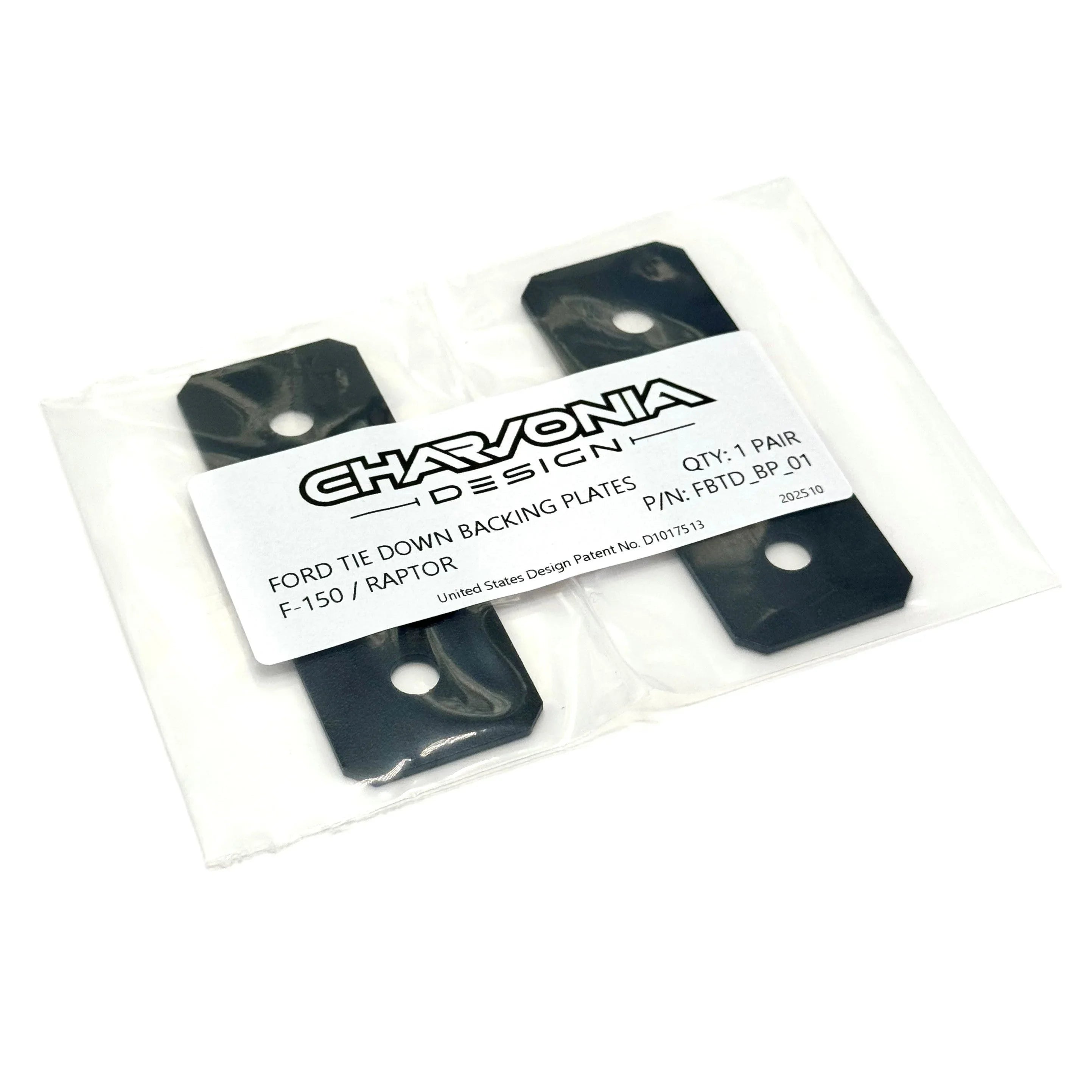 Ford F-150 Raptor tie down backing plates, black metal, packaged, Charvonia Design label