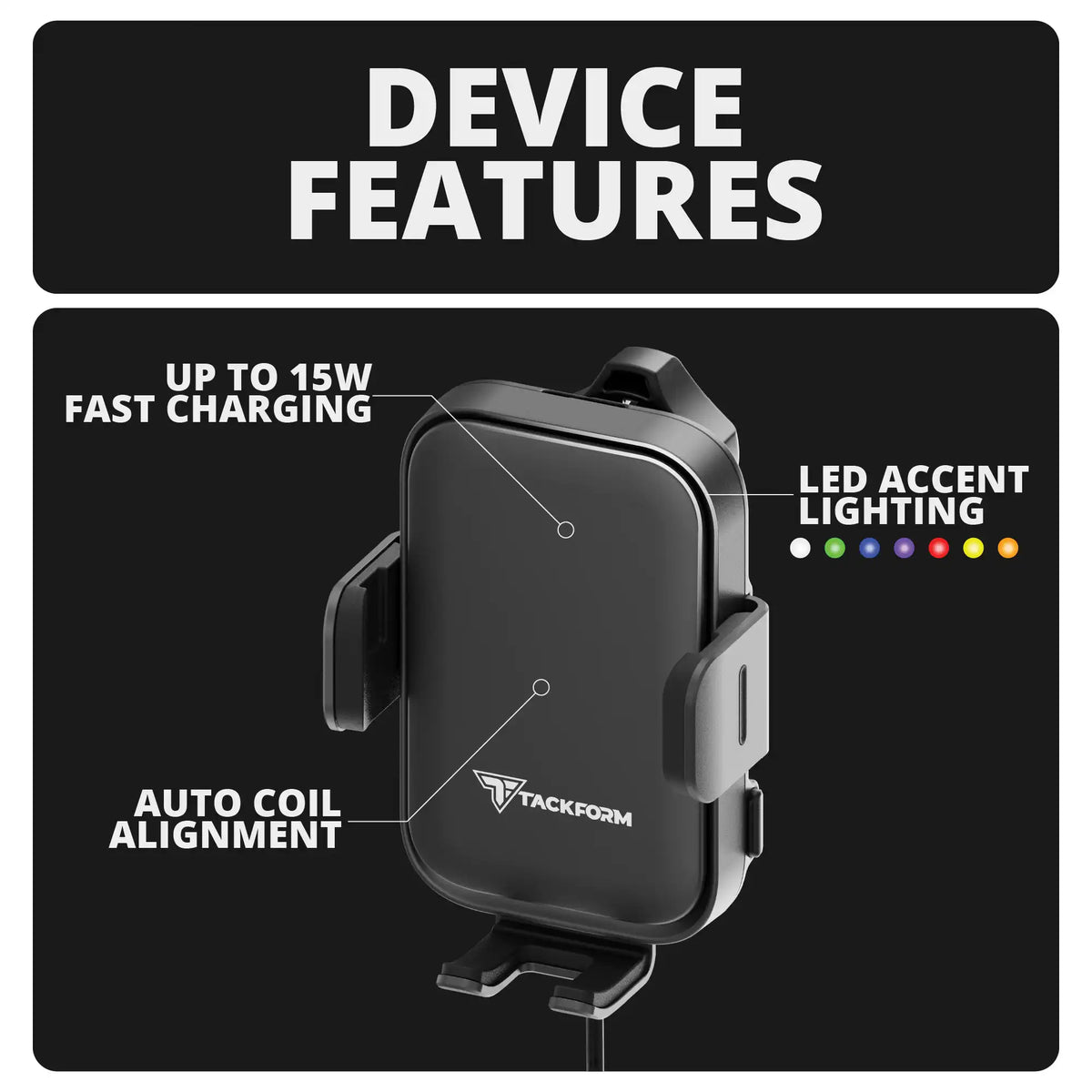 Tackform Qi wireless charging phone cradle with LED accent ring, universal fit