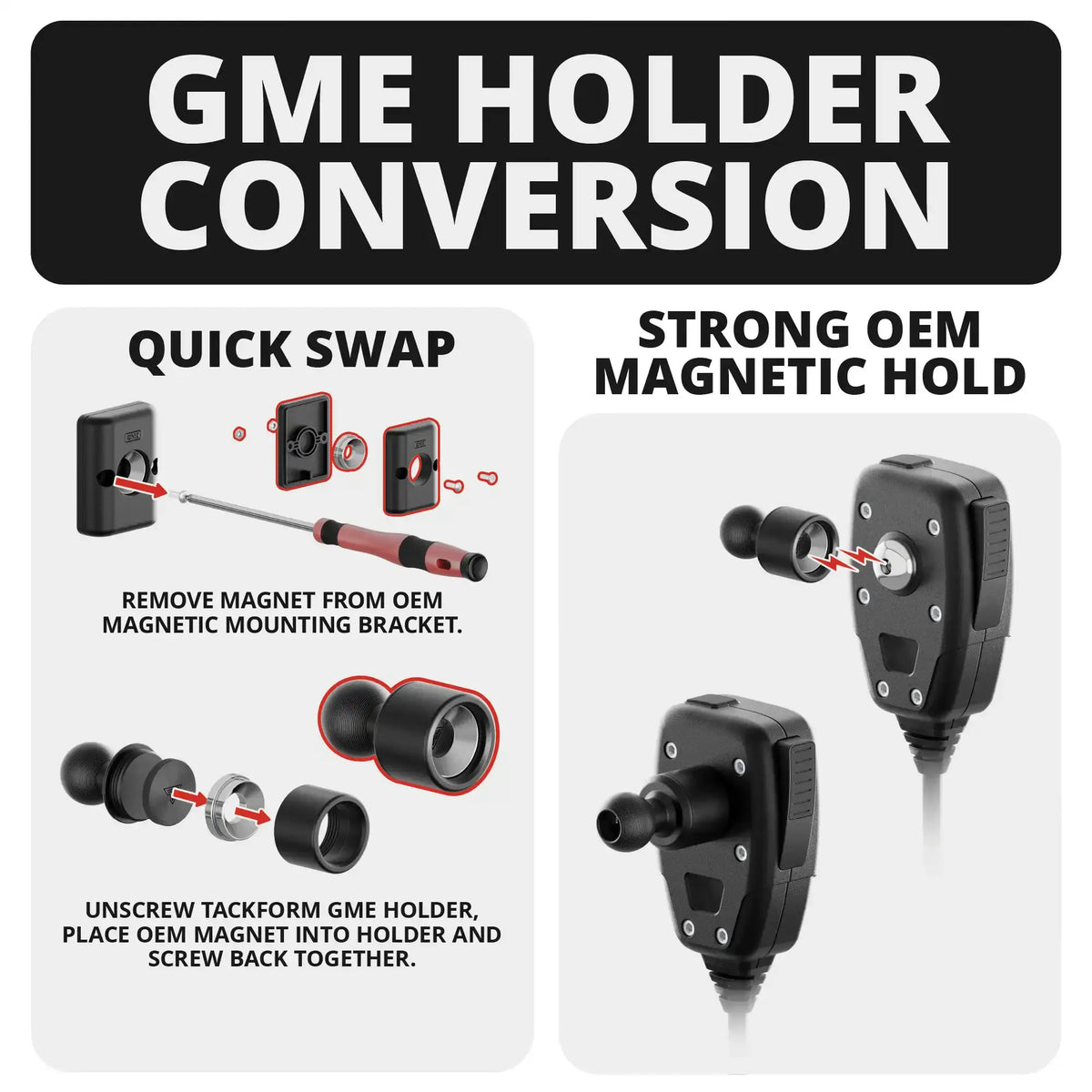 Tackform GME radio microphone holder with 20mm metal ball, universal fit