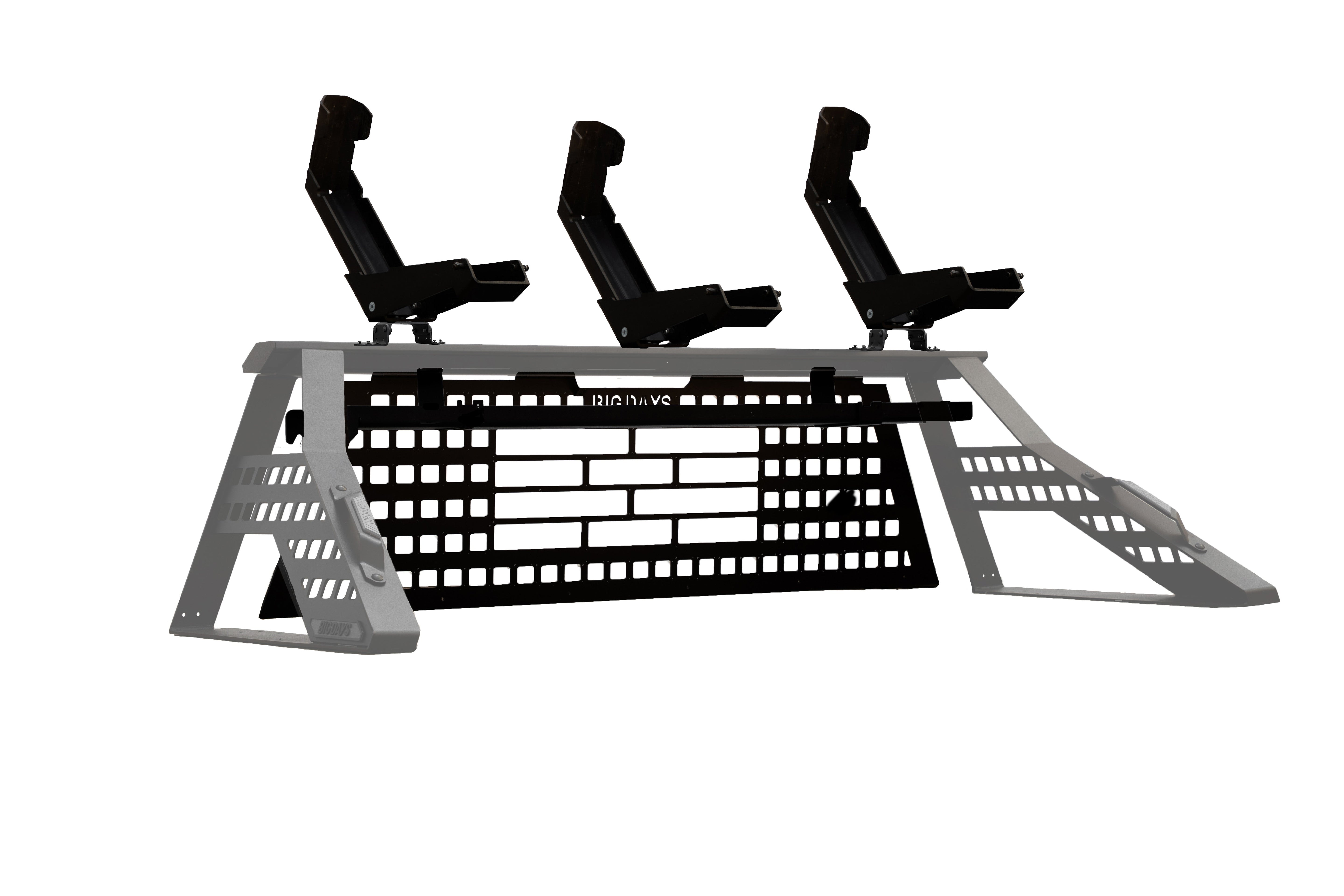 Big Days Elite Build 3 Moto chase rack holding three dirt bikes vertical in a pickup truck bed