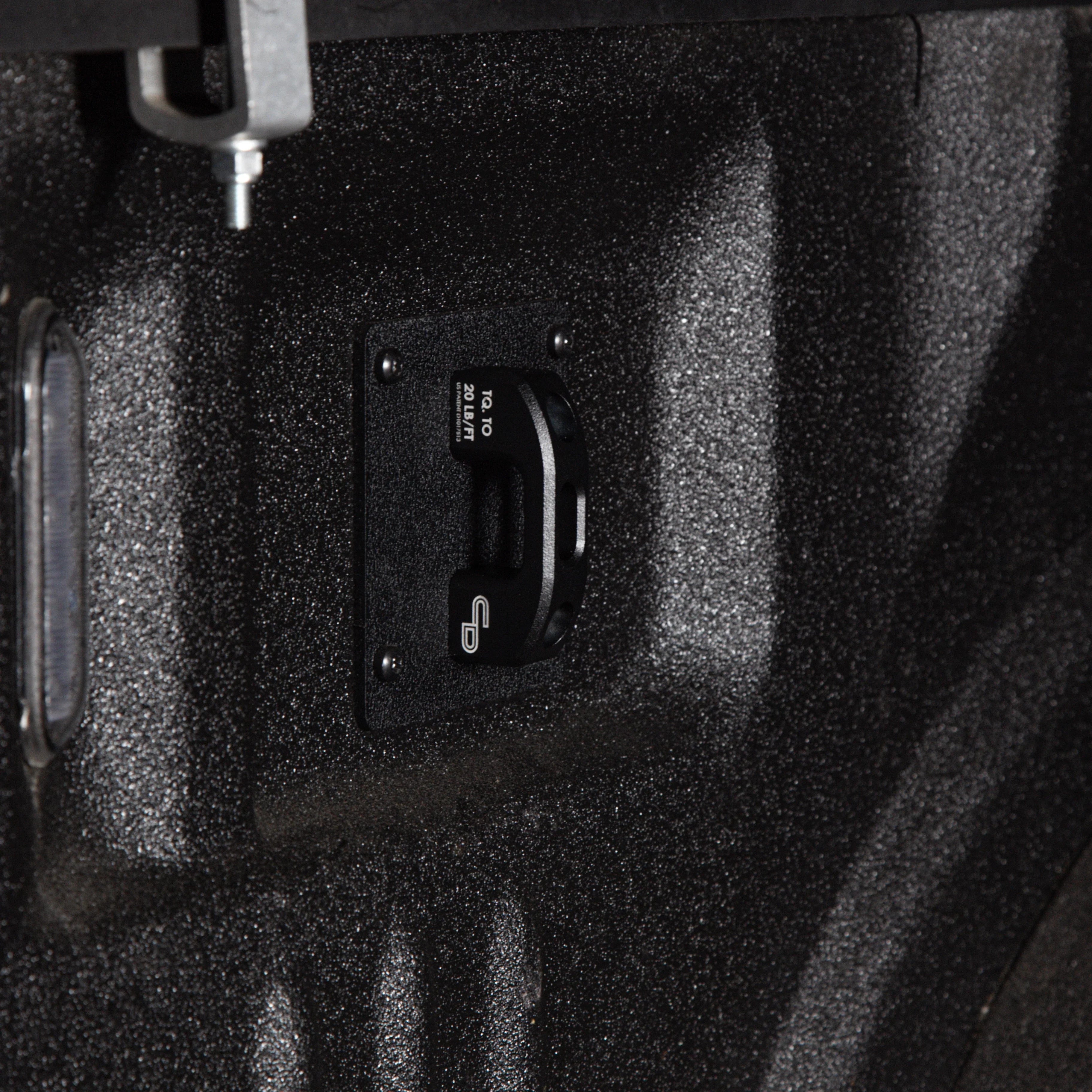 Ford truck bed BoxLink tie down anchor with black powder coat installed