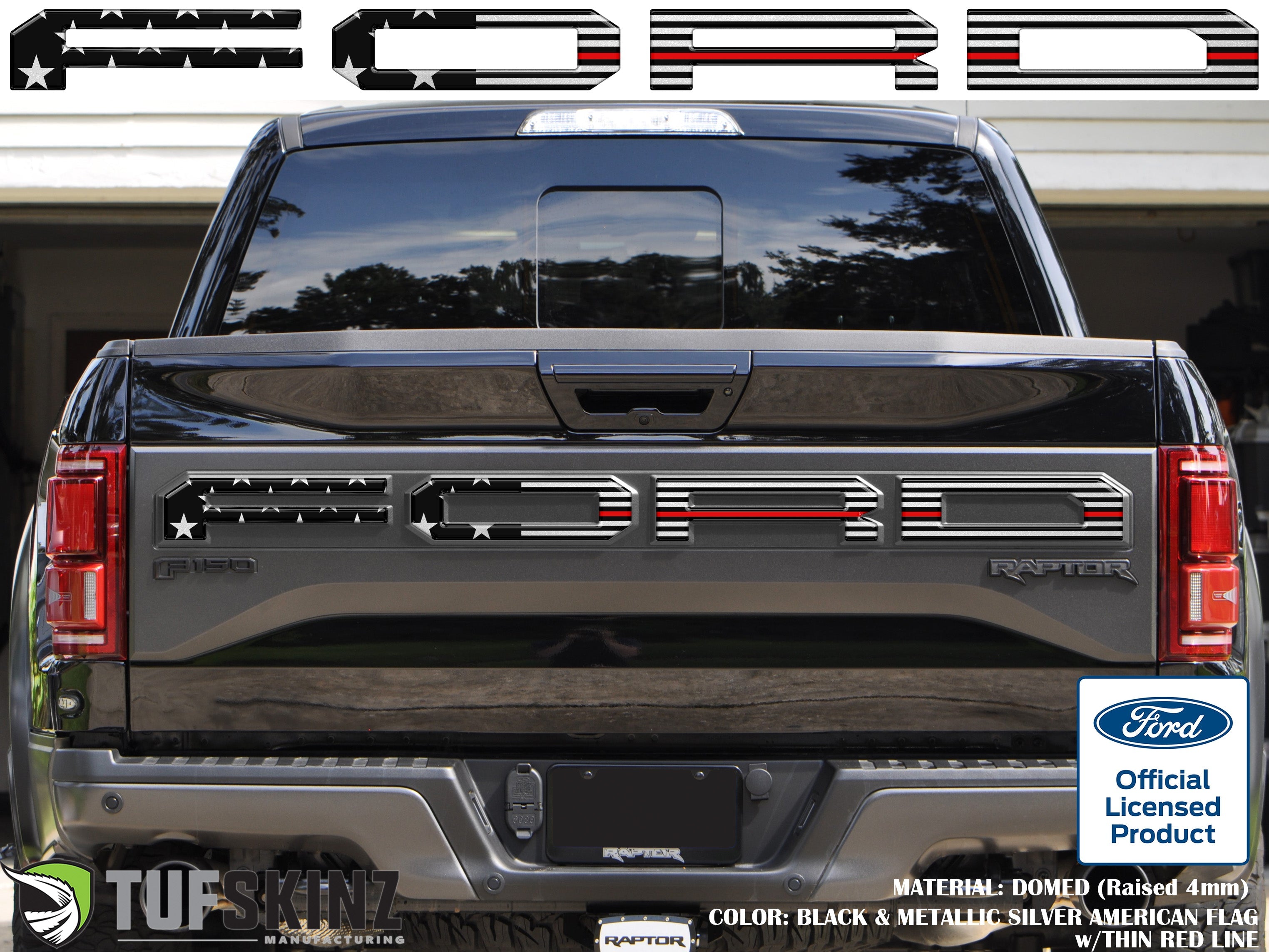 "FORD" Raptor Tailgate Lettering Overlays Fits 2015-2018 Ford F-150 2015-2018 Black & Metallic Silver American Flag w/Thin Red Line
