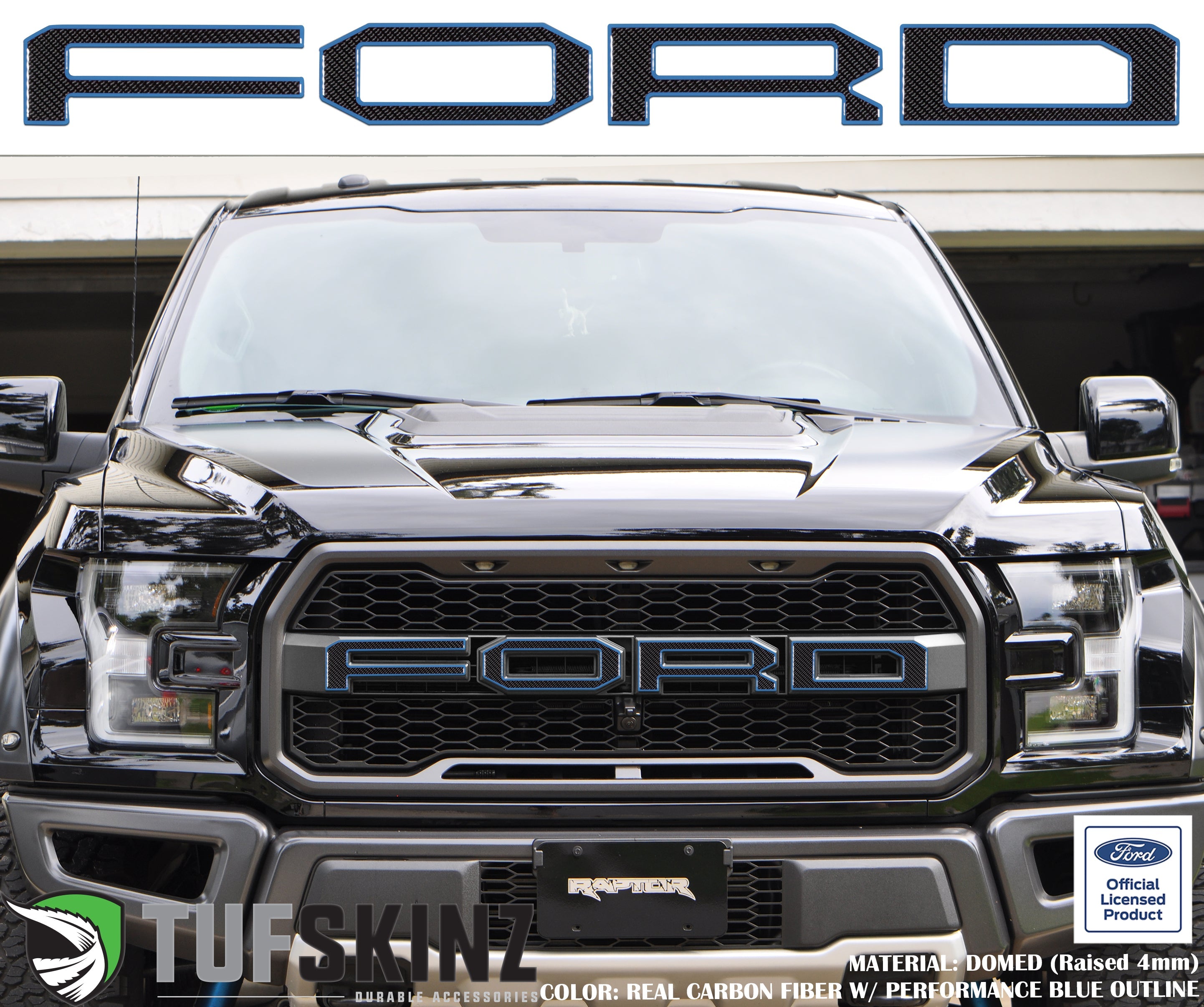 "FORD" Raptor Grill Lettering Overlays Fits 2015-2020 Ford F-150 Domed Carbon Fiber w/Performance Ford Outline
