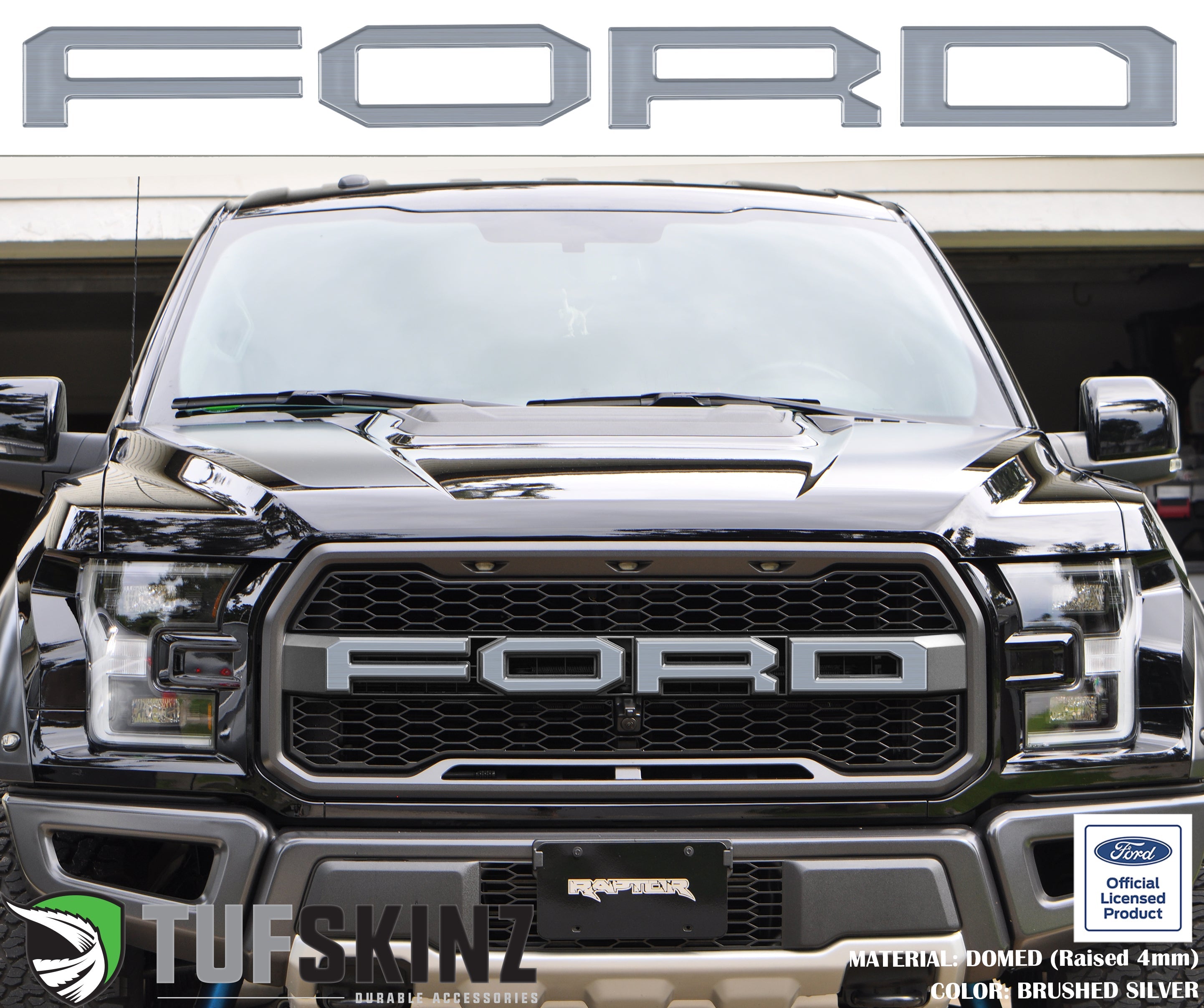 "FORD" Raptor Grill Lettering Overlays Fits 2015-2020 Ford F-150 Brushed Silver