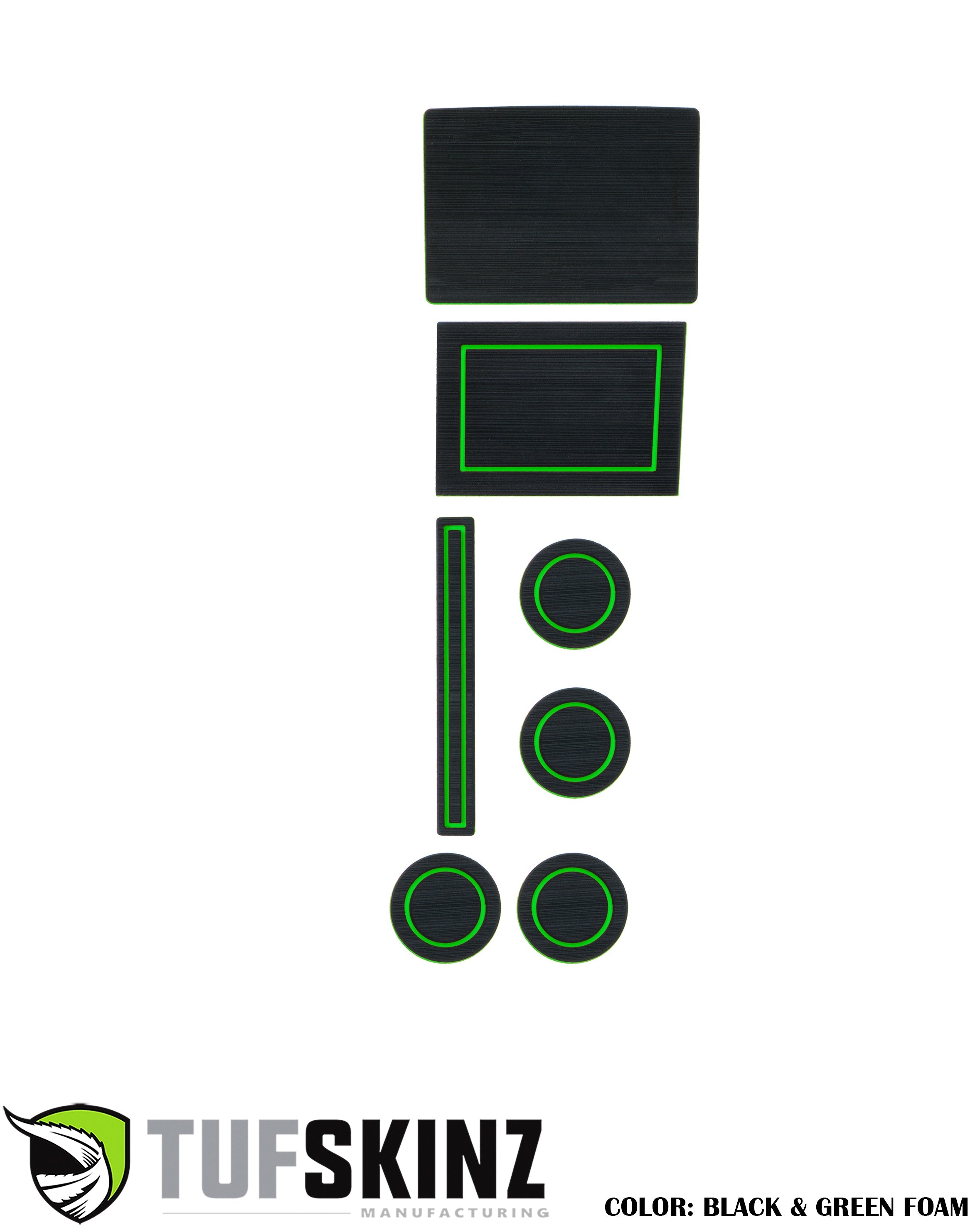 Black and green foam vehicle interior accessory kit with rectangular and circular pieces