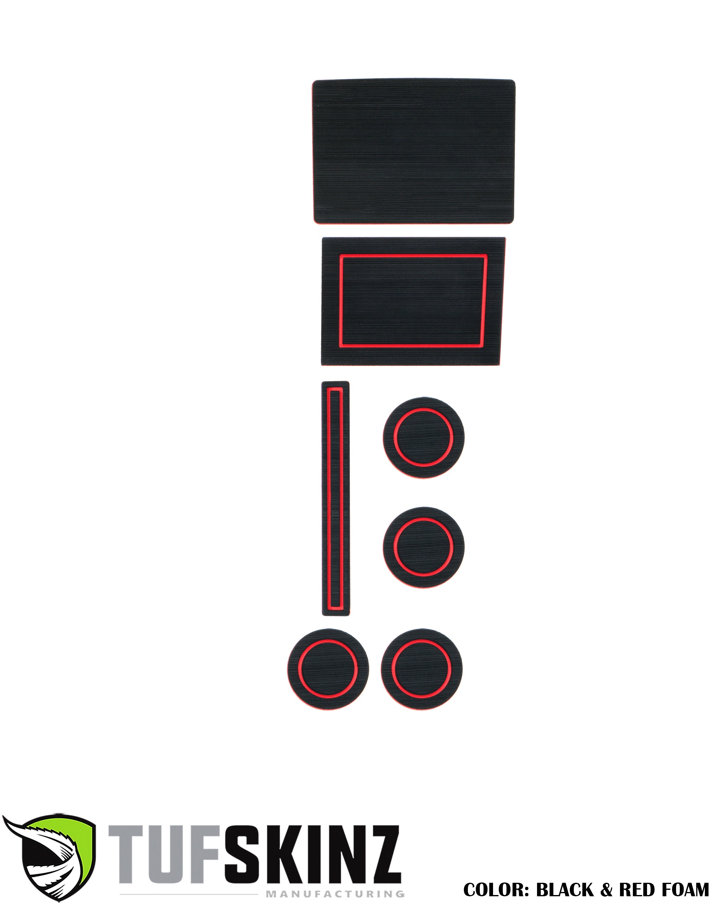 Black and red foam insert kit with rectangular and circular pieces for vehicle interior customization.