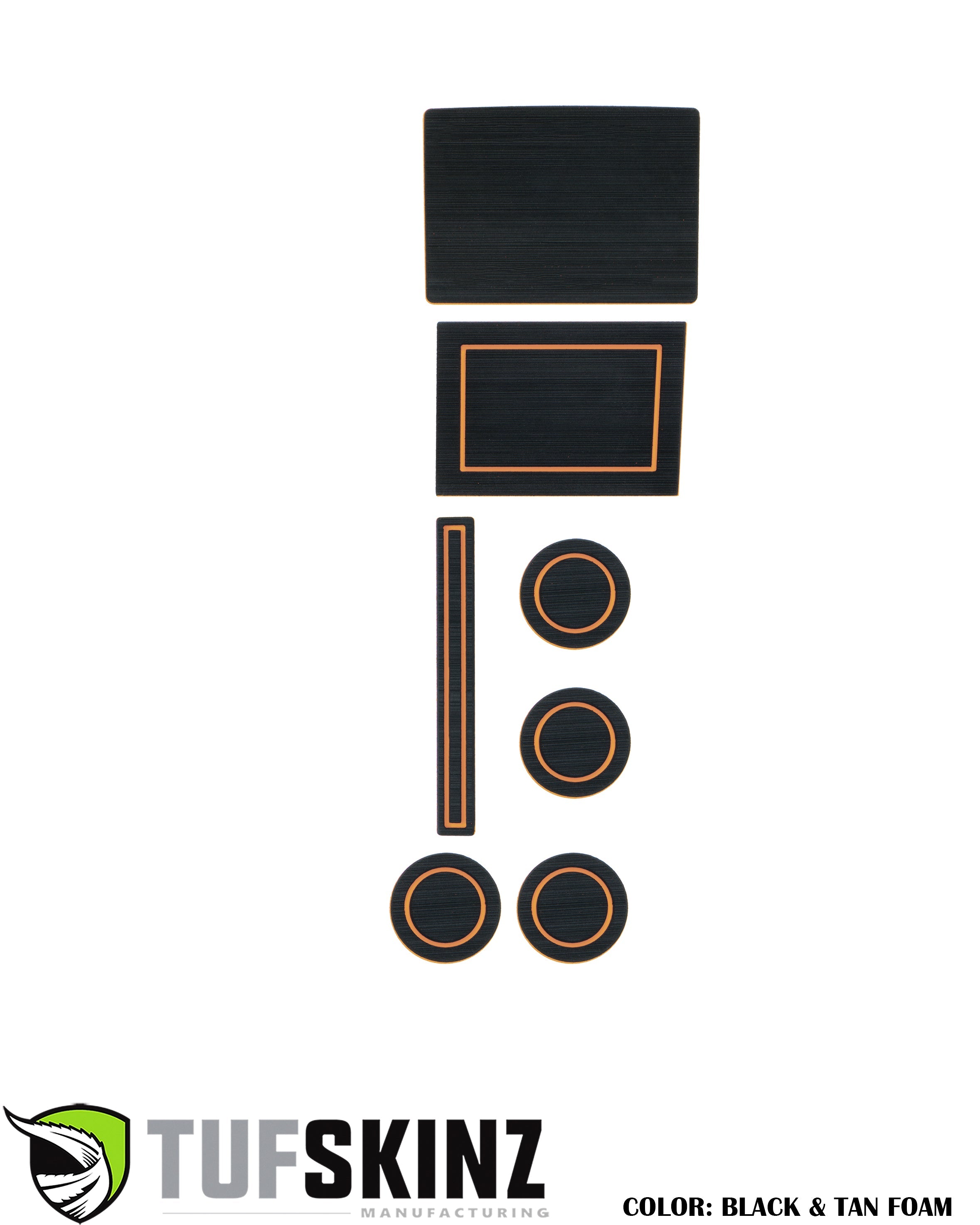 Black and tan foam vehicle interior trim kit pieces arranged on white background
