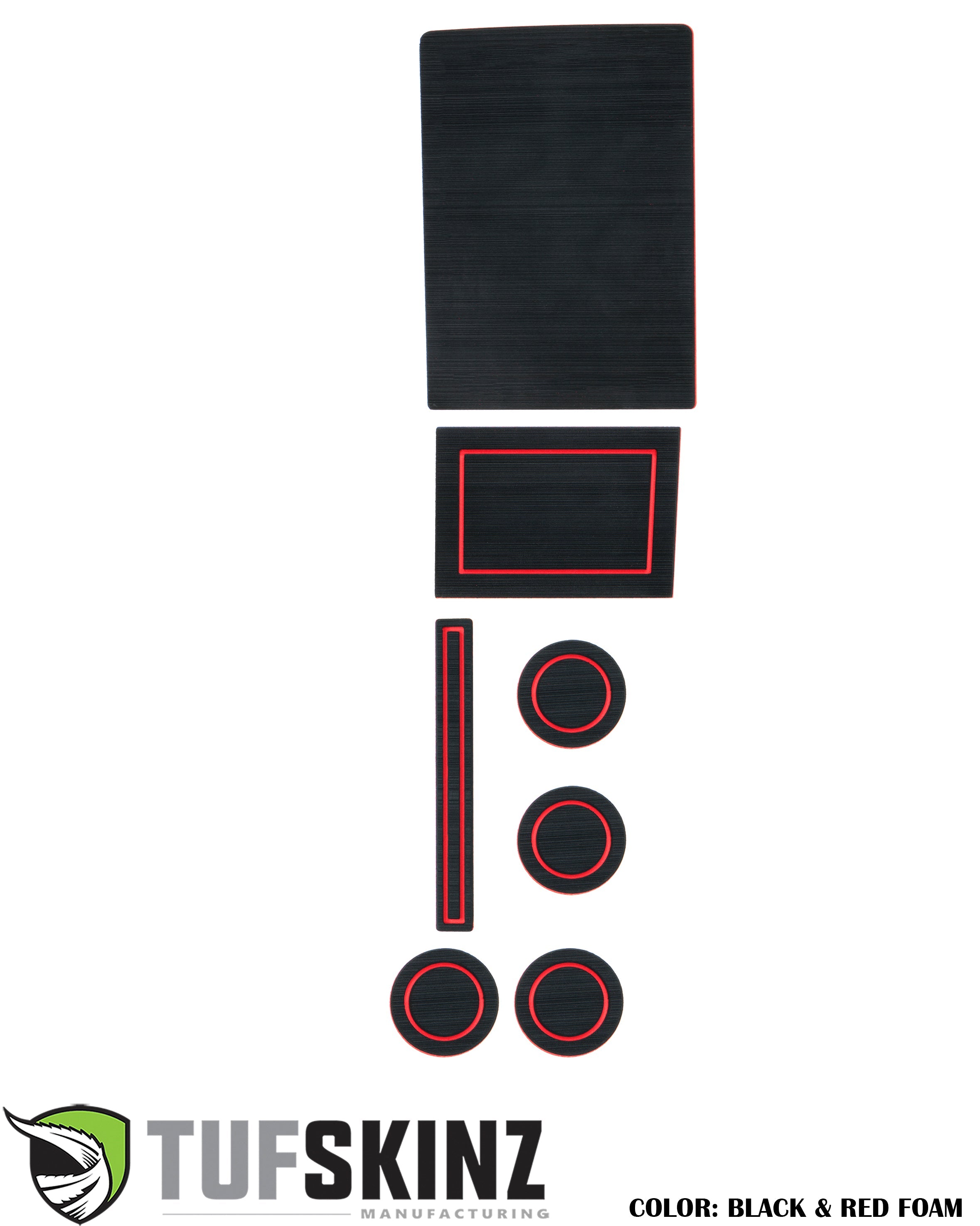 Black and red foam vehicle interior accessory kit for Toyota, cup holder and console liners.