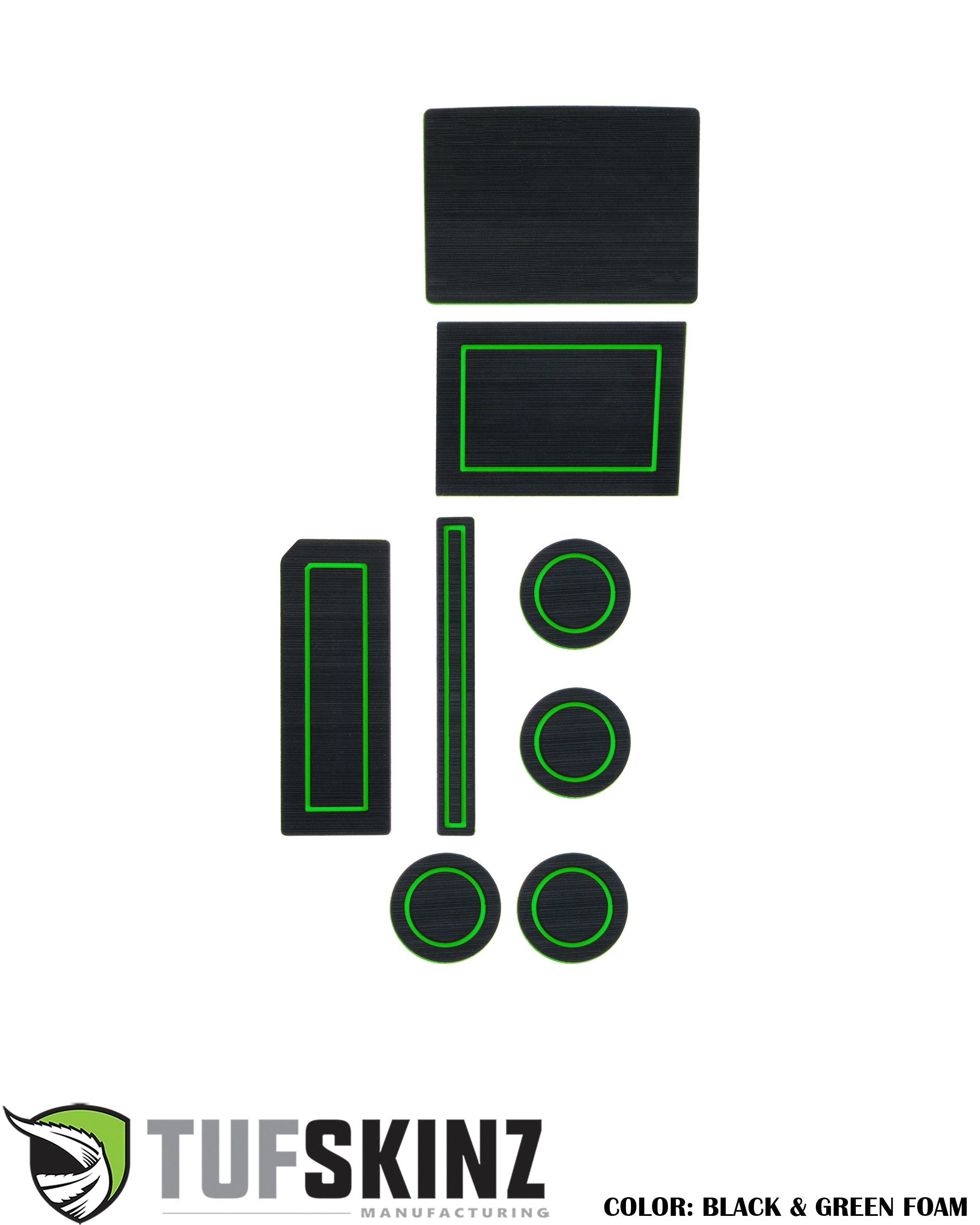 Black and green foam vehicle interior accessory inserts, Tufskinz, organized on white background