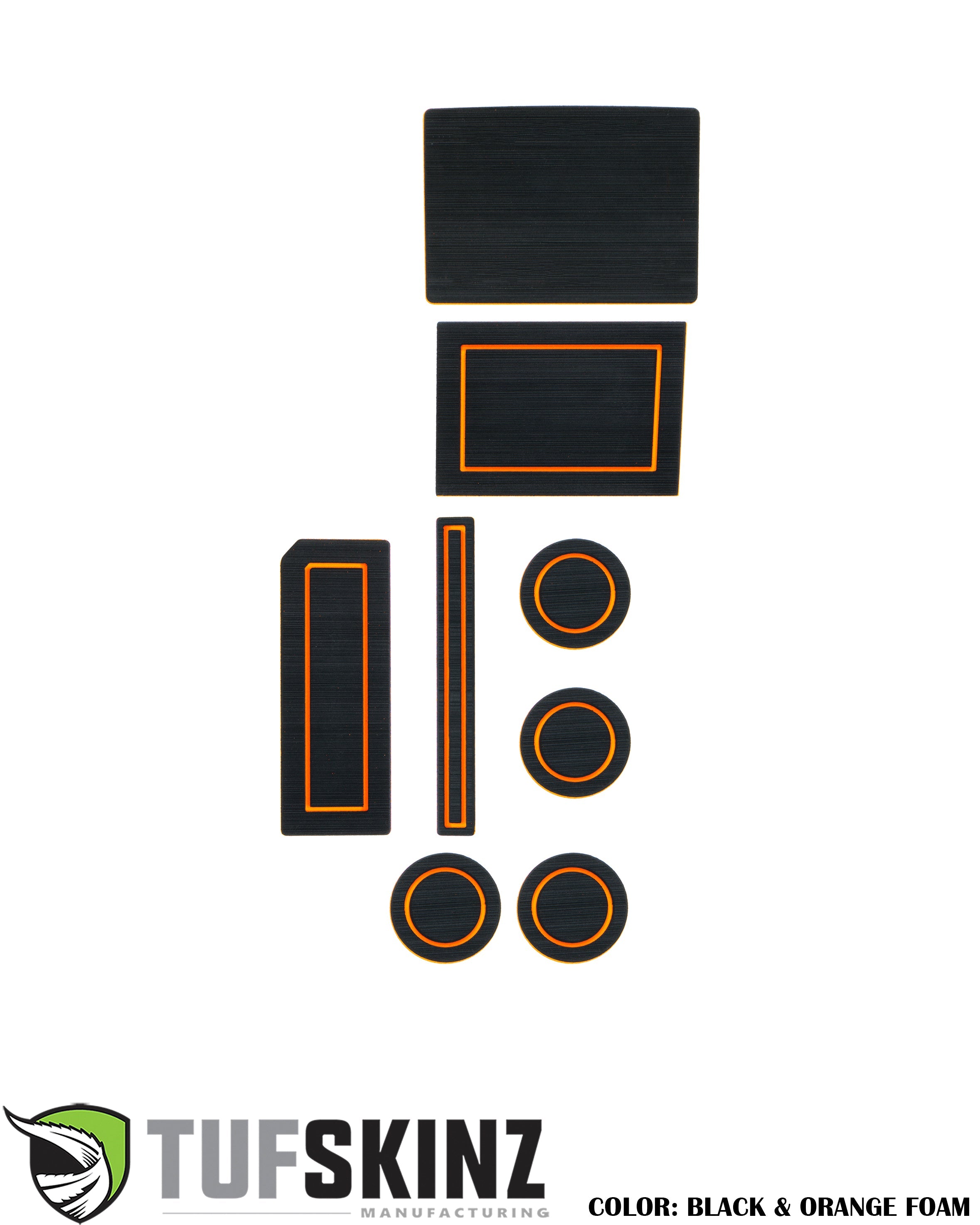 Black and orange foam vehicle interior insert kit for Toyota, custom cut set displayed on white background.