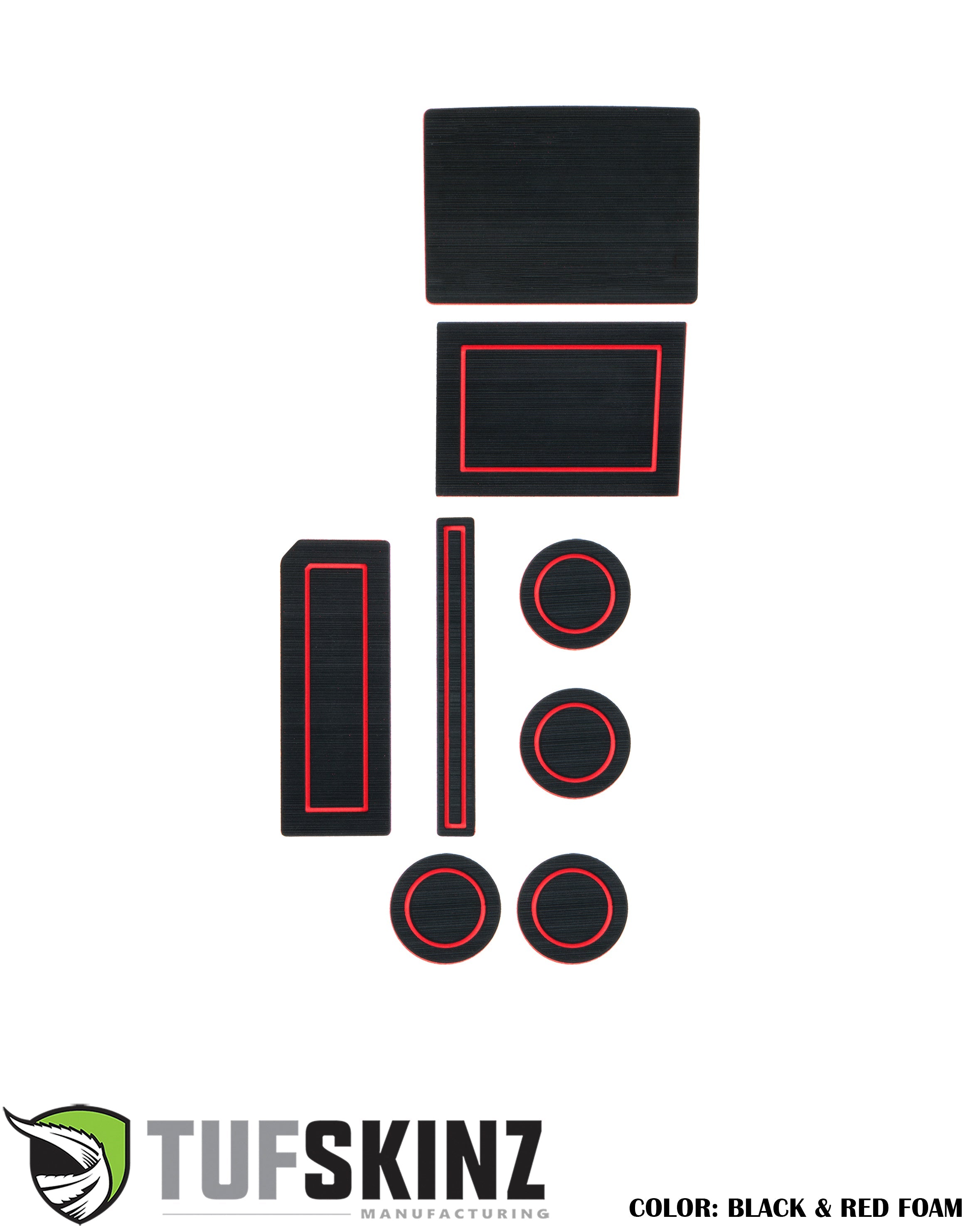 Black and red foam vehicle interior trim accessory kit, various shapes, Tufskinz logo