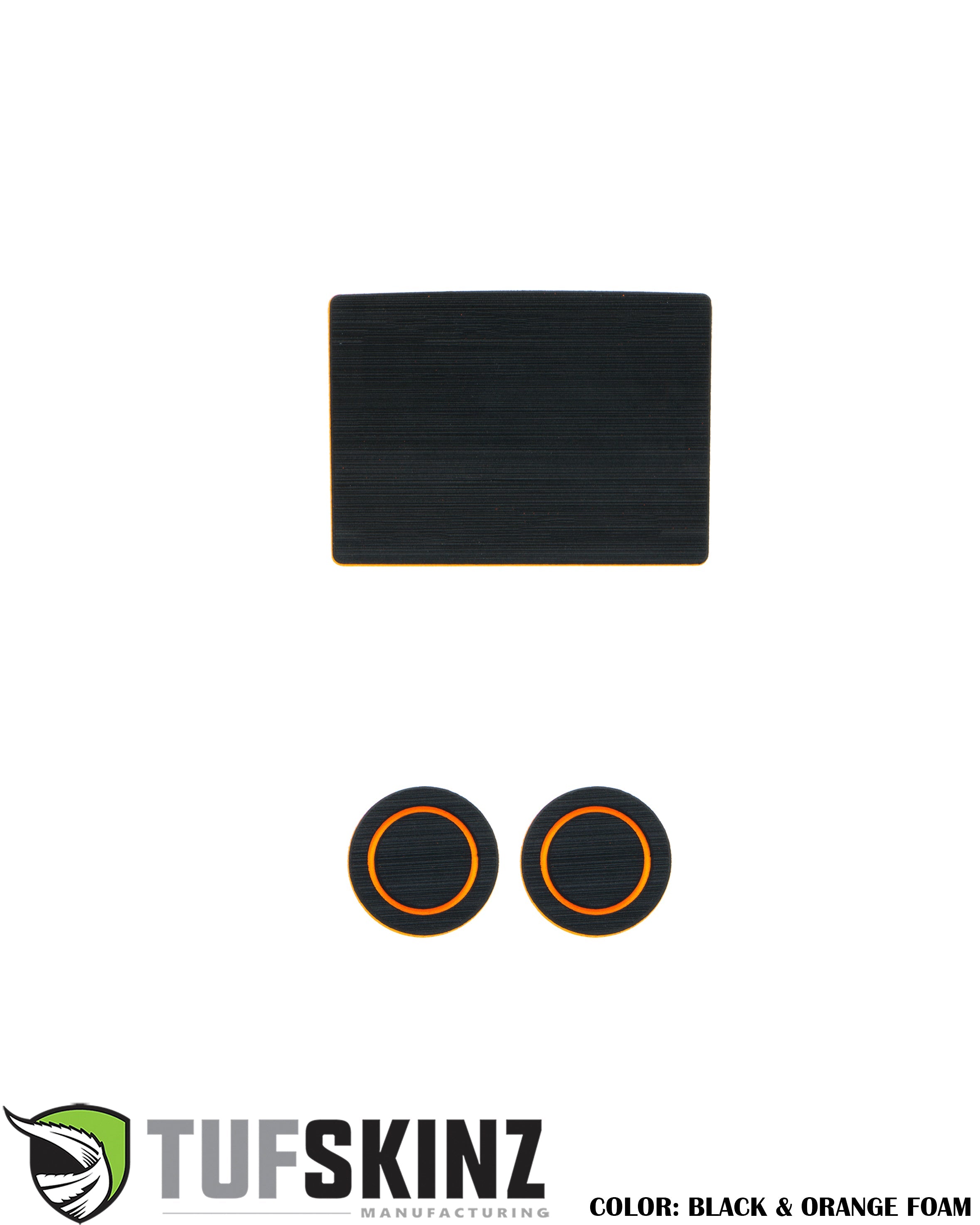 Black and orange foam accessory kit with rectangle and round inserts for vehicle interior customization.