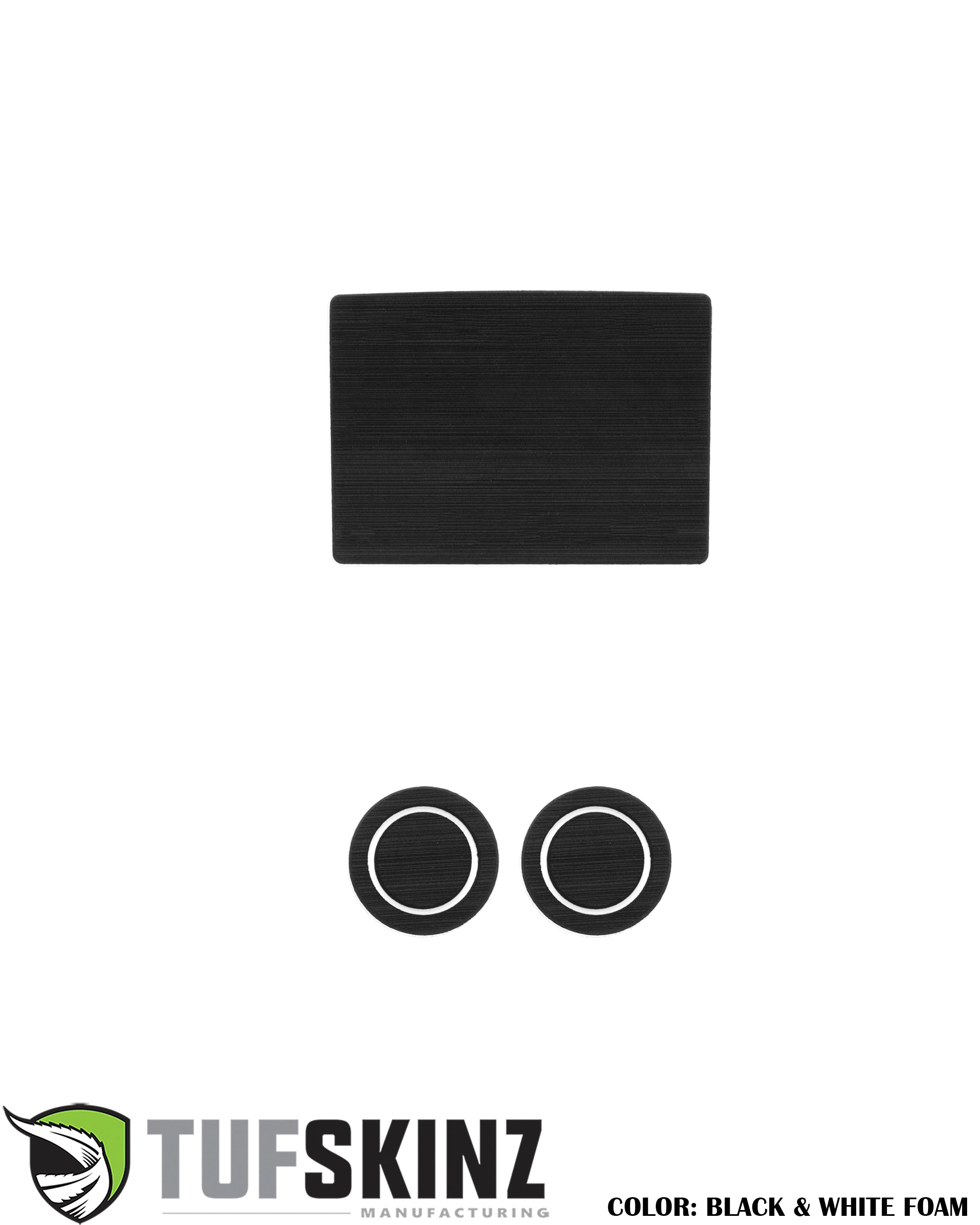 Black and white foam automotive interior trim inserts with circular and rectangular pieces