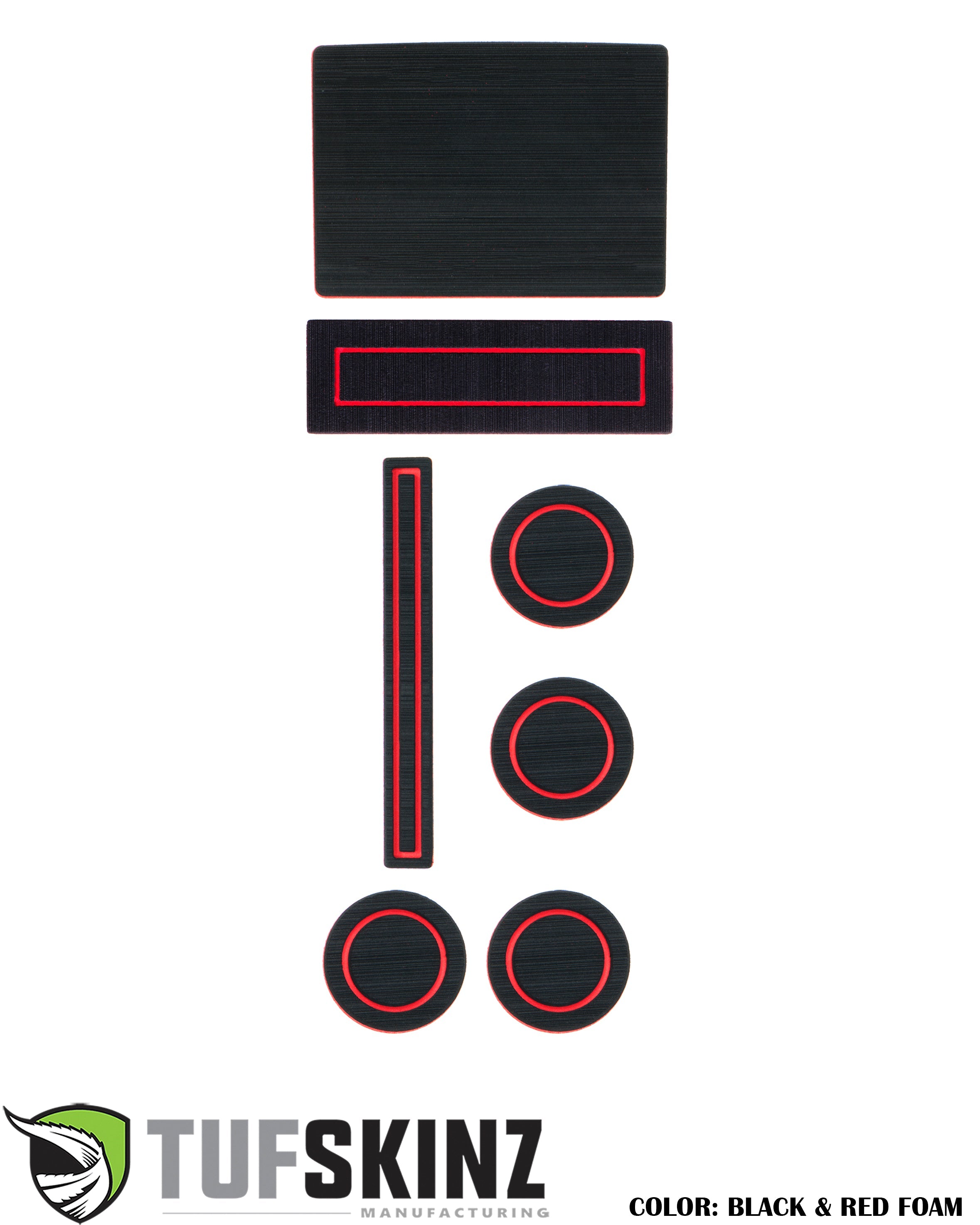 Black and red foam vehicle interior accessory inserts set, various shapes, on white background.