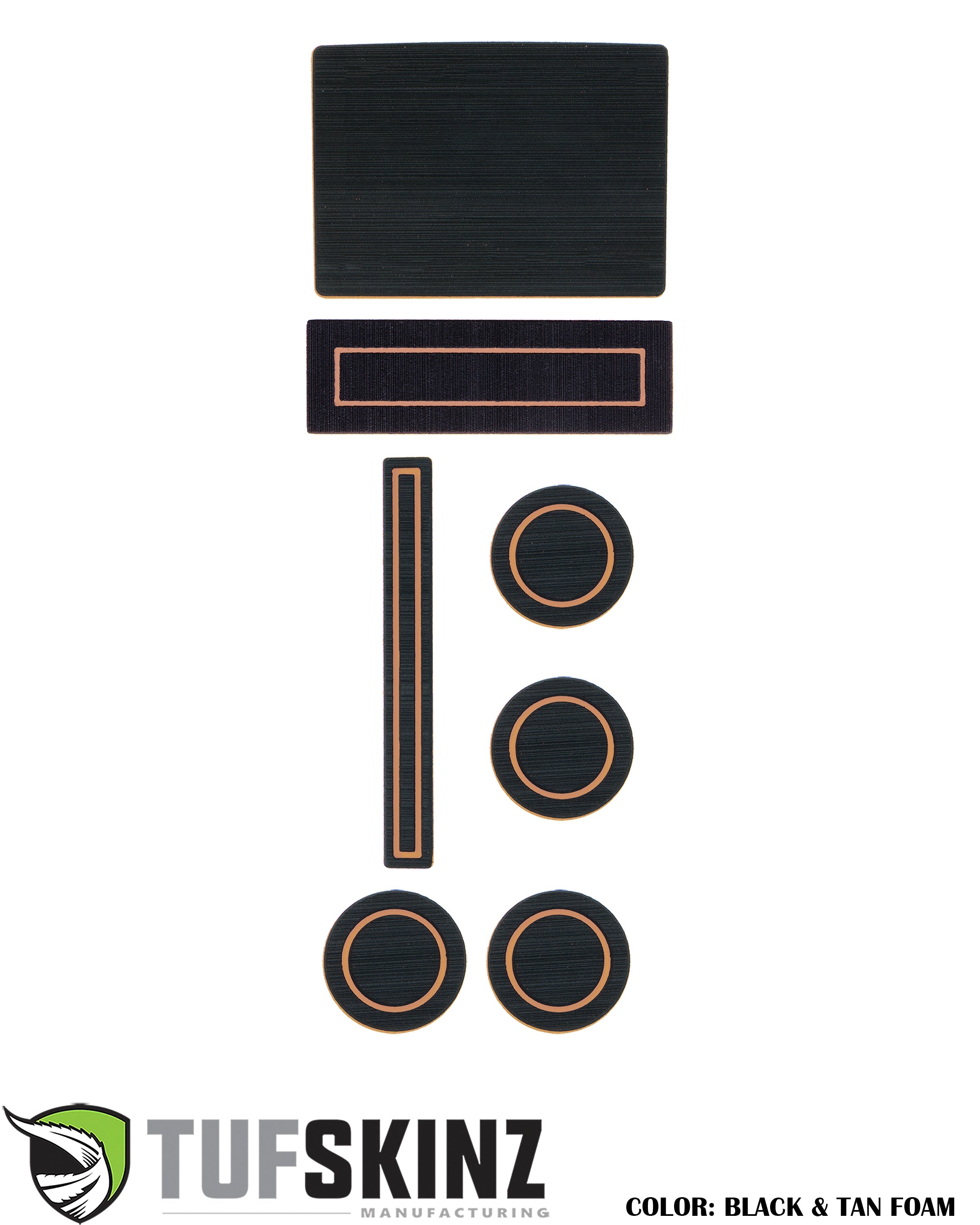 Black and tan foam interior accessory insert kit for vehicle customization, multiple shapes.