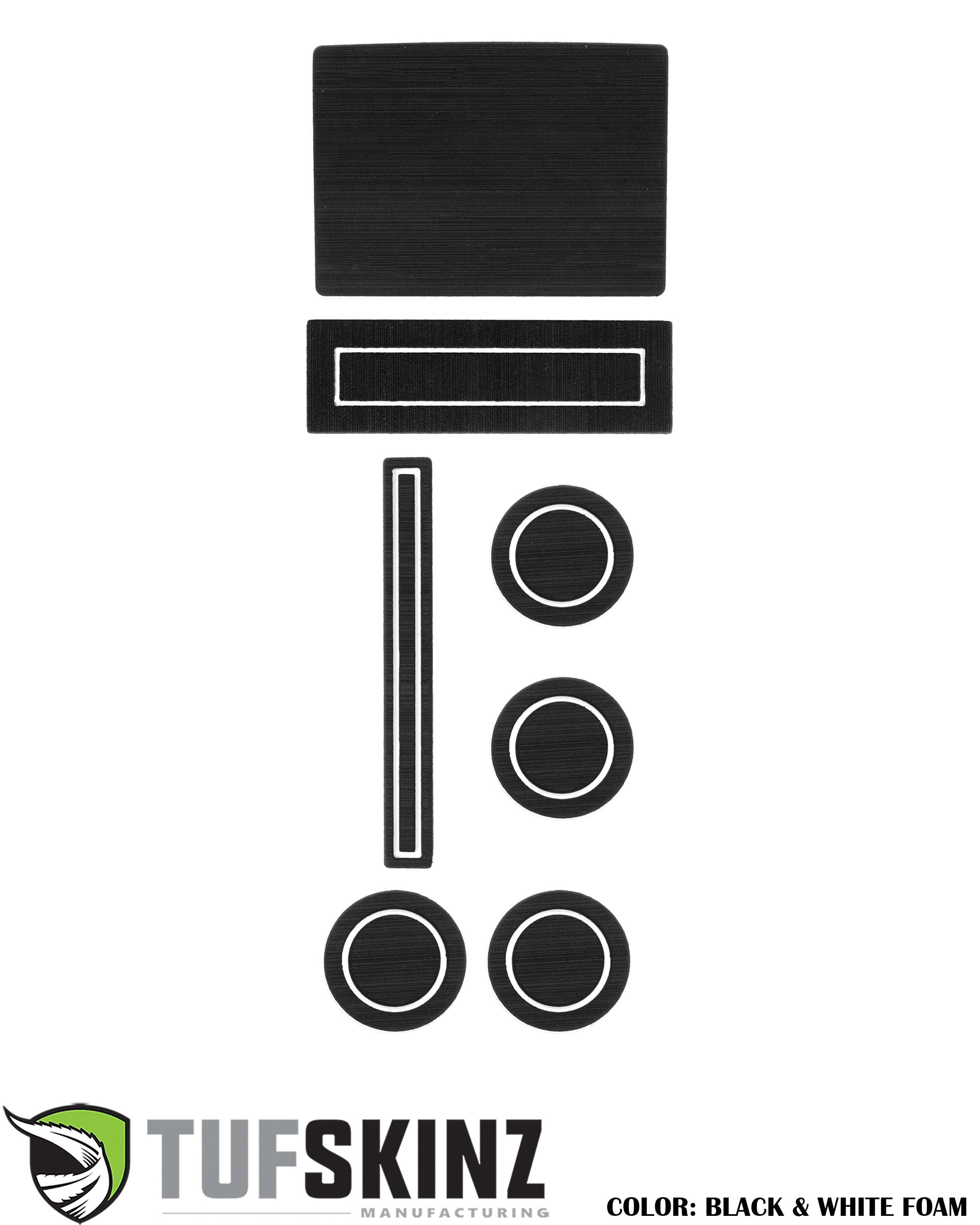 Black and white foam dashboard trim kit for vehicle interior customization, Tufskinz branded.