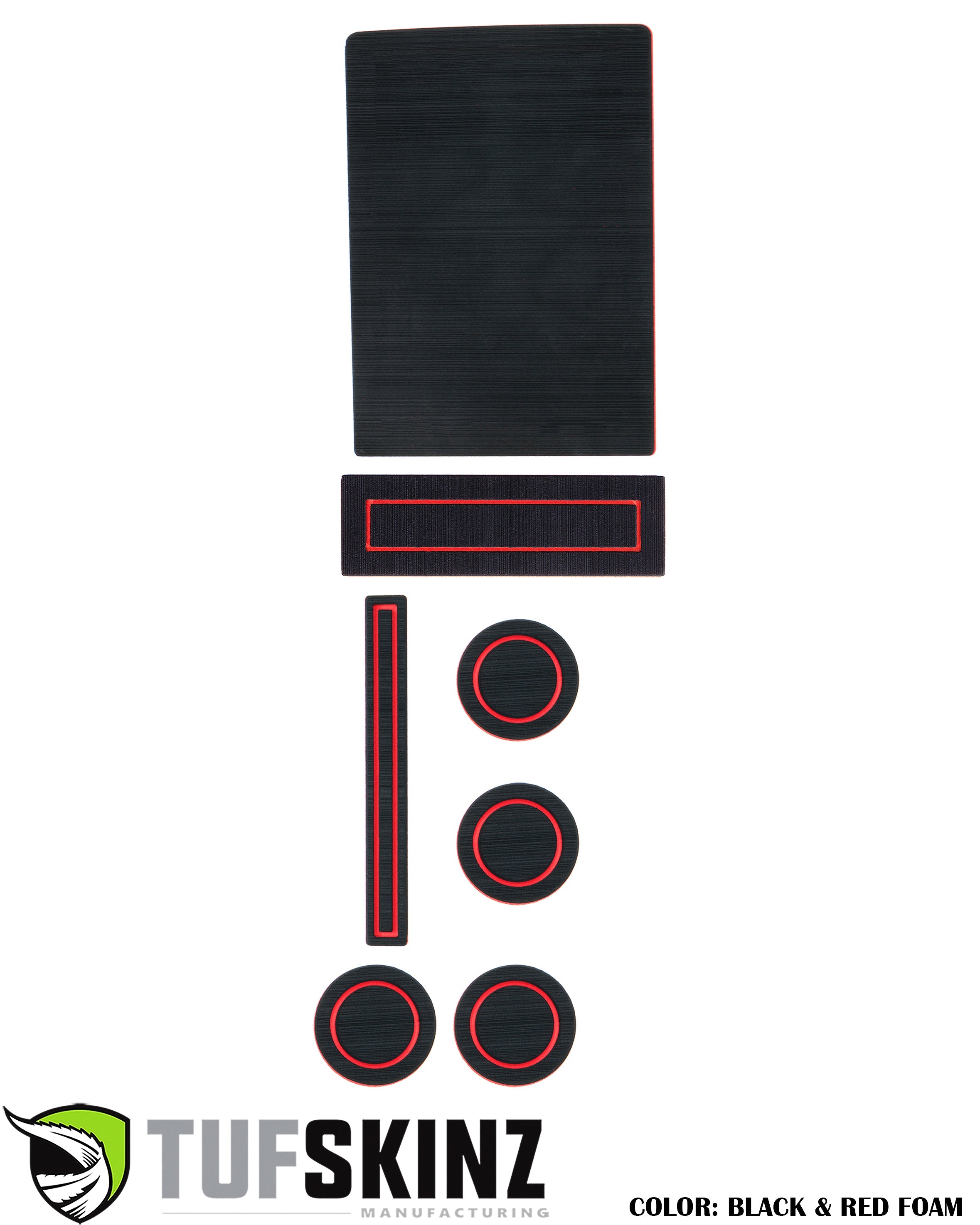 Black and red foam automotive interior trim kit with various shapes for cup holders and bins