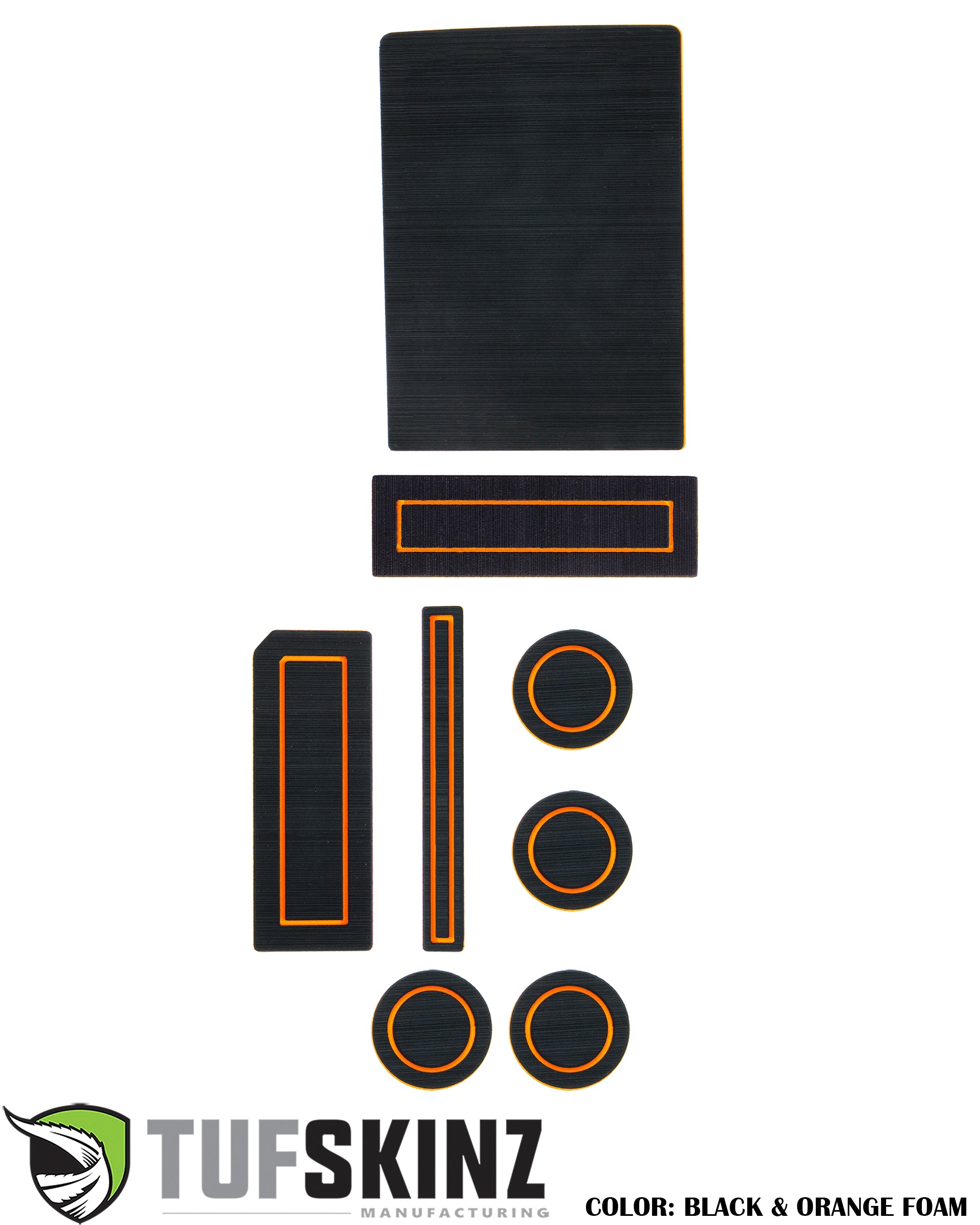 Black and orange foam interior trim kit with cup holder inserts and console liners for vehicle accessories