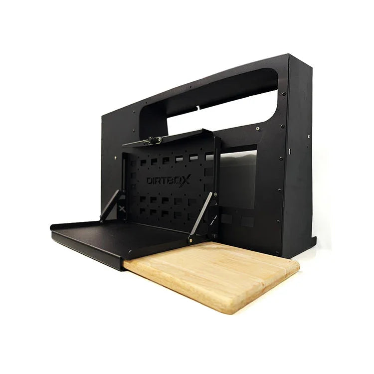 Folding table MOLLE box with black metal frame and wooden cutting board for overlanding