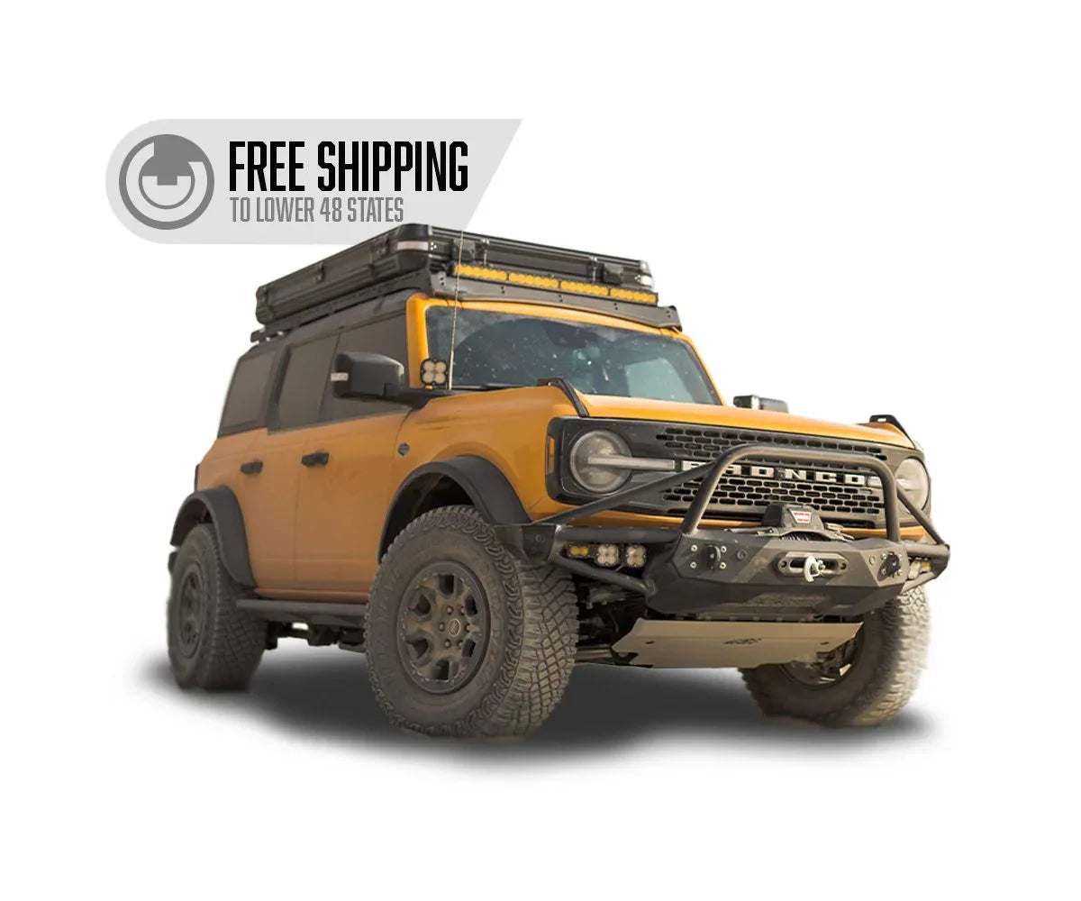 Yellow Ford Bronco with Prinsu roof rack and off-road accessories