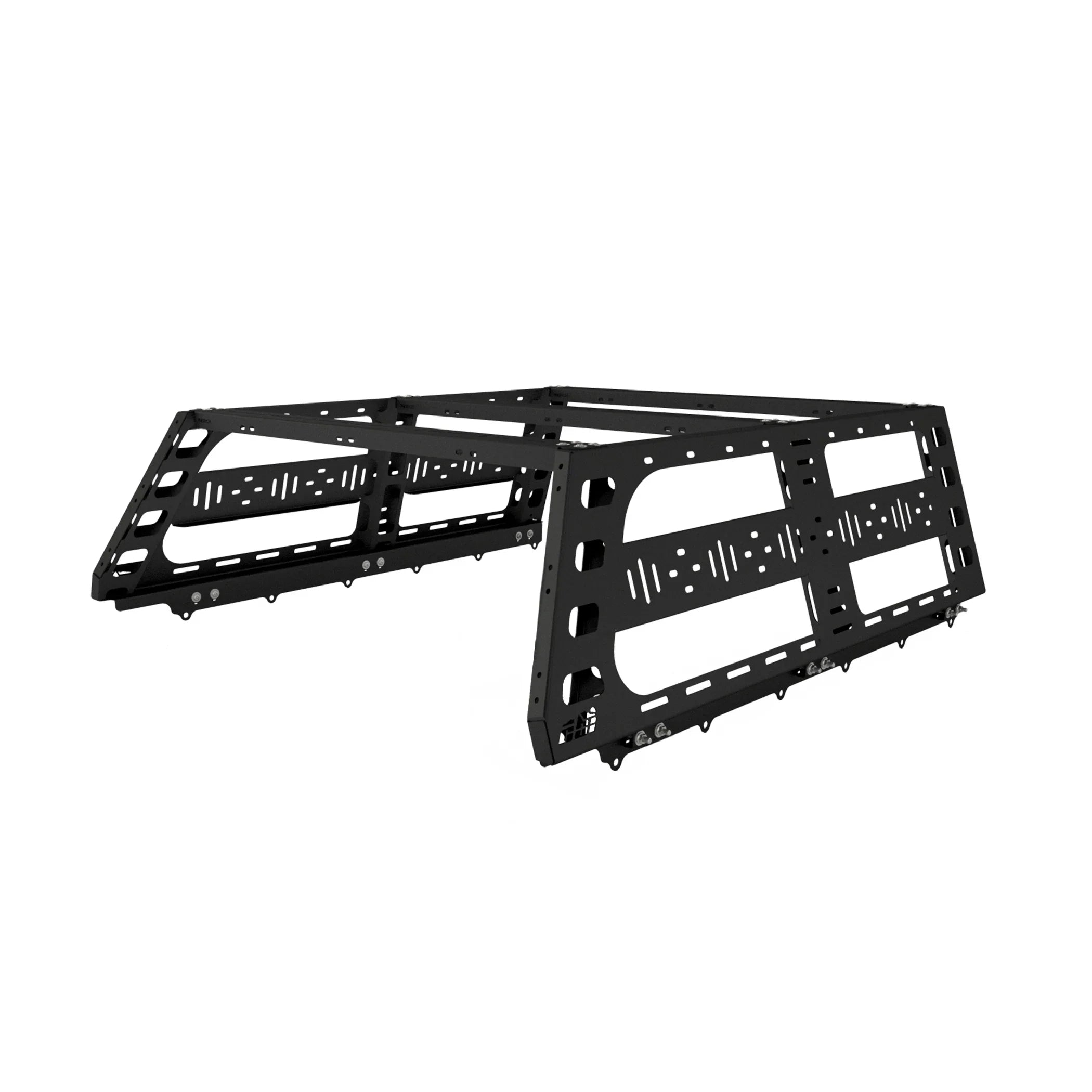 Black modular off-road bed rack for Ford Ranger, shown on white background.
