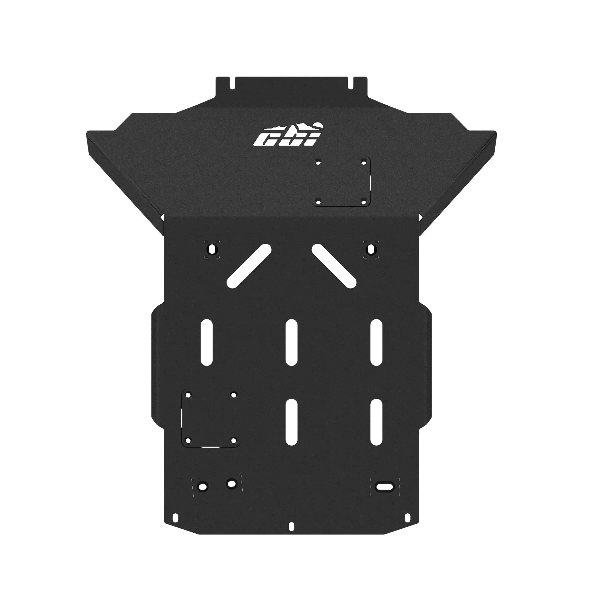 Black steel front skid plate for off-road vehicle undercarriage protection