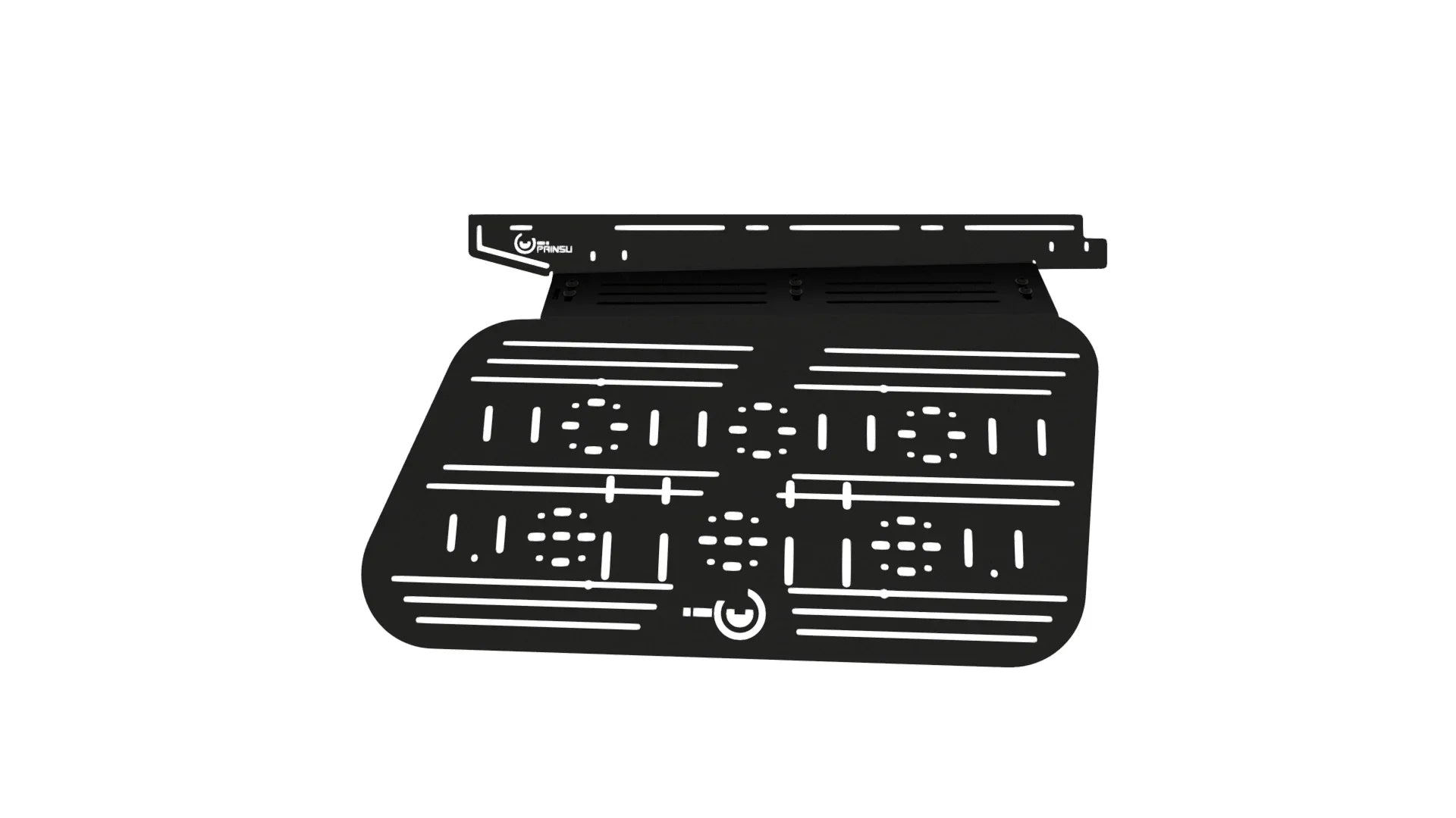 Black metal modular storage panel for overlanding vehicle interior, front passenger side view