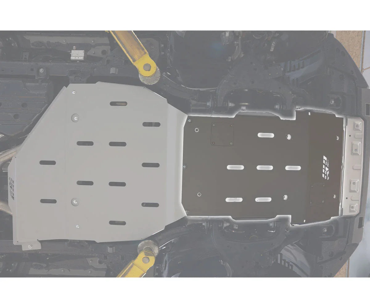 Heavy-duty steel skid plate installed under off-road vehicle for undercarriage protection