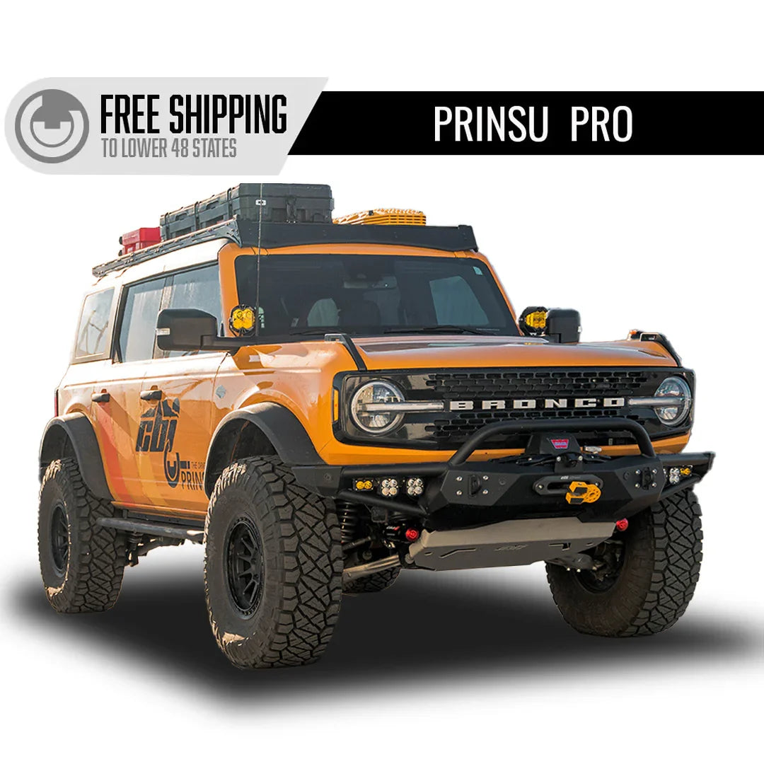 Ford Bronco equipped with Prinsu Pro roof rack and off-road gear for overlanding.