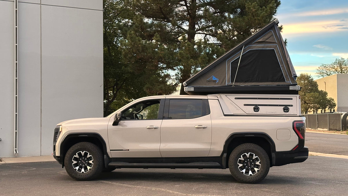 Dirtbox Overland EV pass-through canopy camper for Chevy Silverado EV and GMC Sierra EV