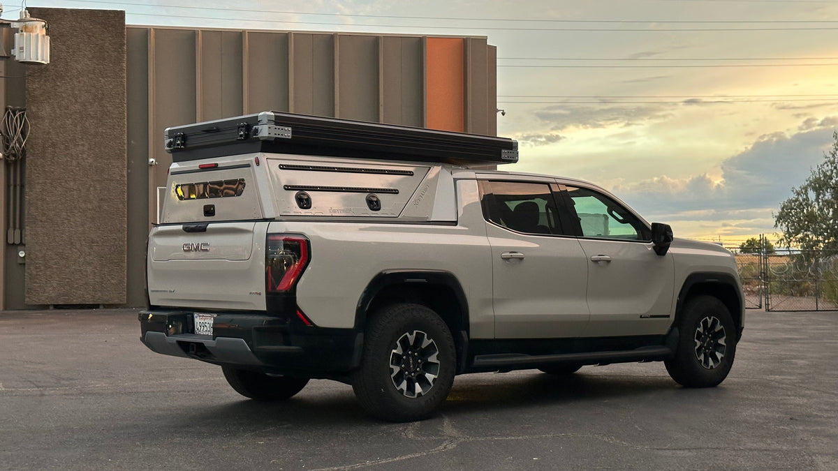 Dirtbox Overland EV pass-through canopy camper for Chevy Silverado EV and GMC Sierra EV