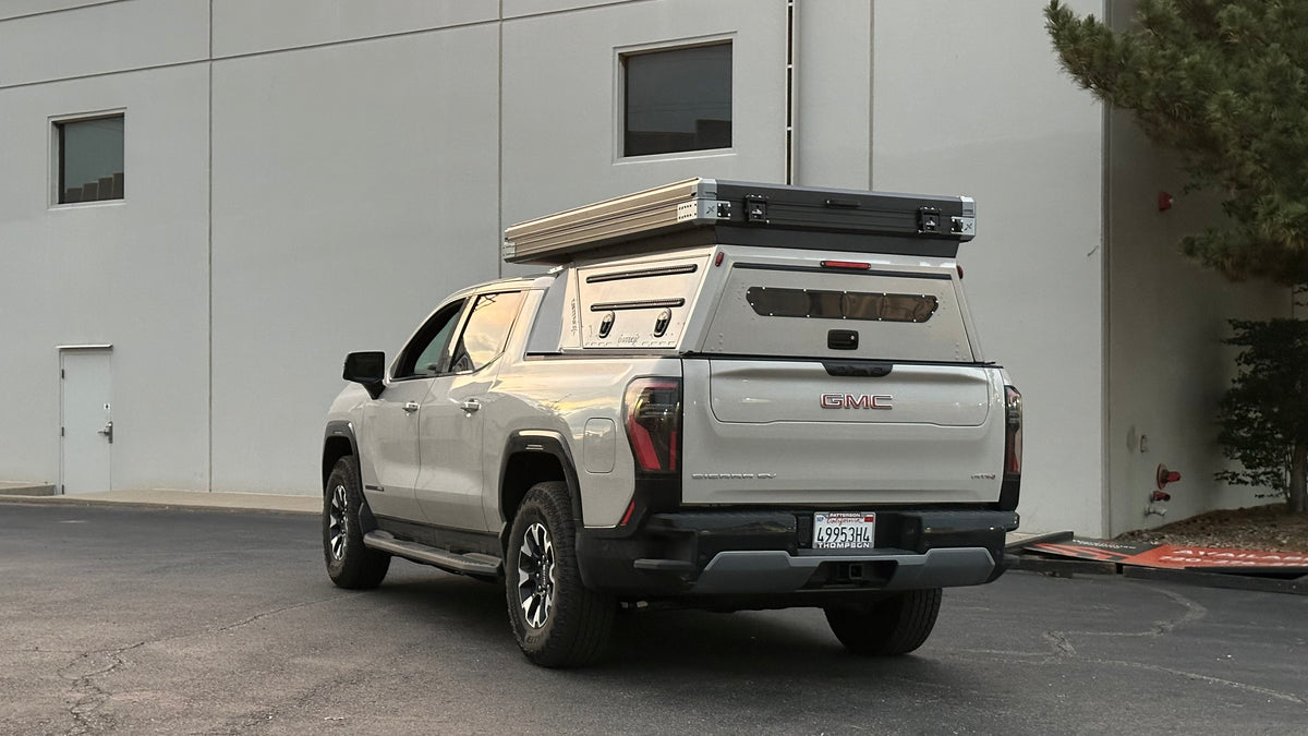 Dirtbox Overland EV pass-through canopy camper for Chevy Silverado EV and GMC Sierra EV