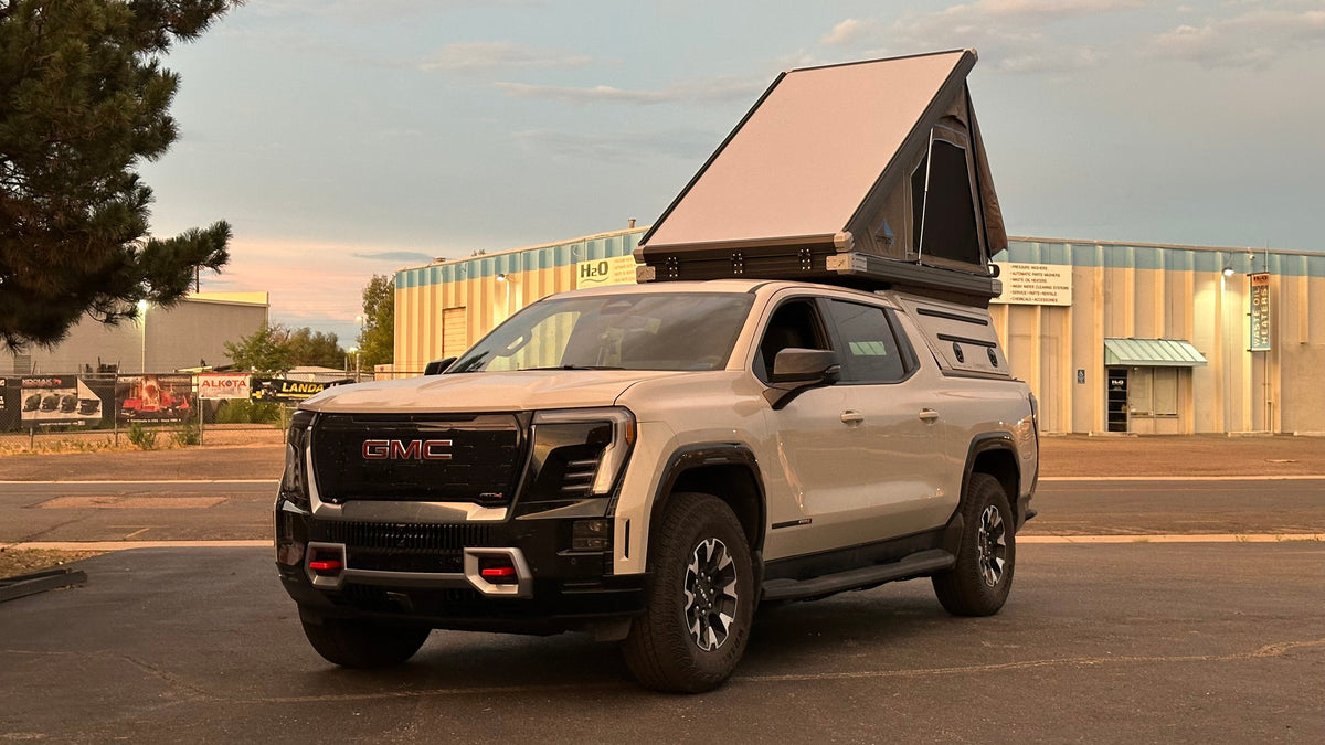Dirtbox Overland EV pass-through canopy camper for Chevy Silverado EV and GMC Sierra EV