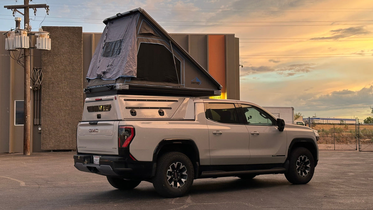 Dirtbox Overland EV pass-through canopy camper for Chevy Silverado EV and GMC Sierra EV