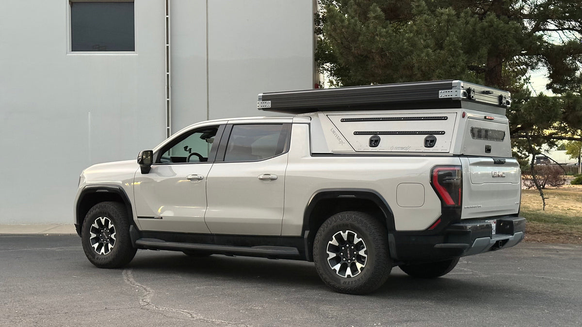 Dirtbox Overland EV pass-through canopy camper for Chevy Silverado EV and GMC Sierra EV