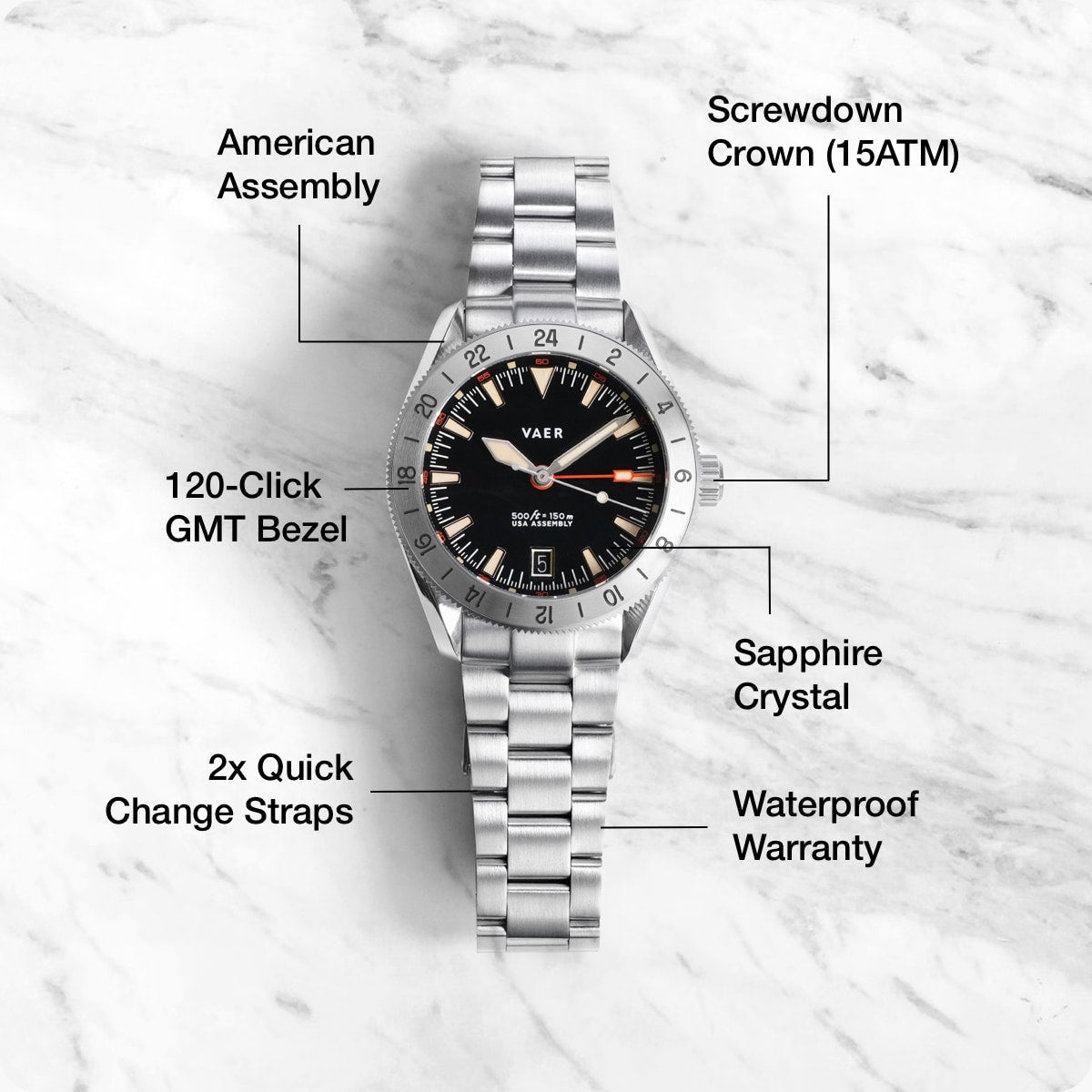 VAER G2 Pacific Steel GMT Mens Watch - 39mm USA