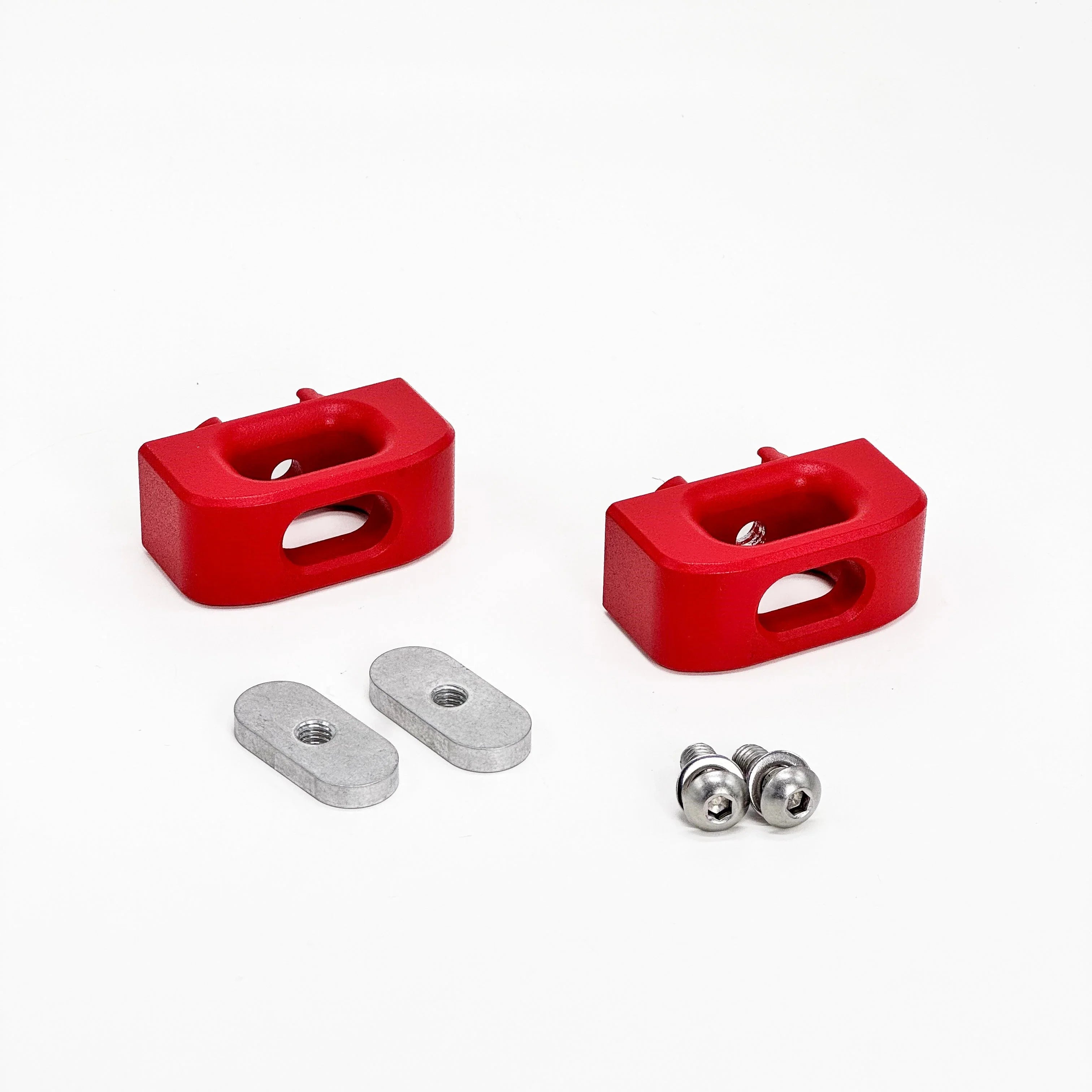 Red anodized tie-down anchors and mounting hardware for overlanding vehicles
