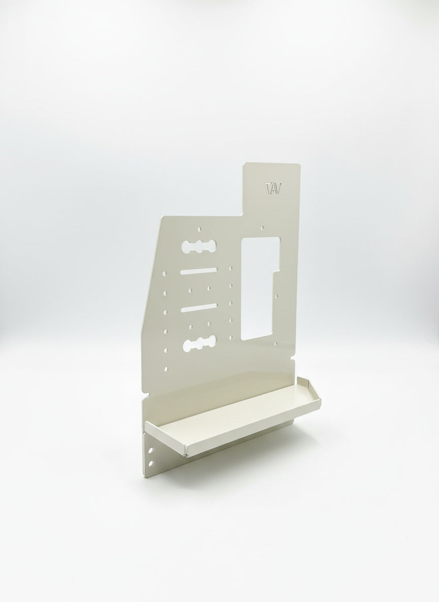 White metal vehicle accessory mounting panel with shelf for overlanding or camping gear