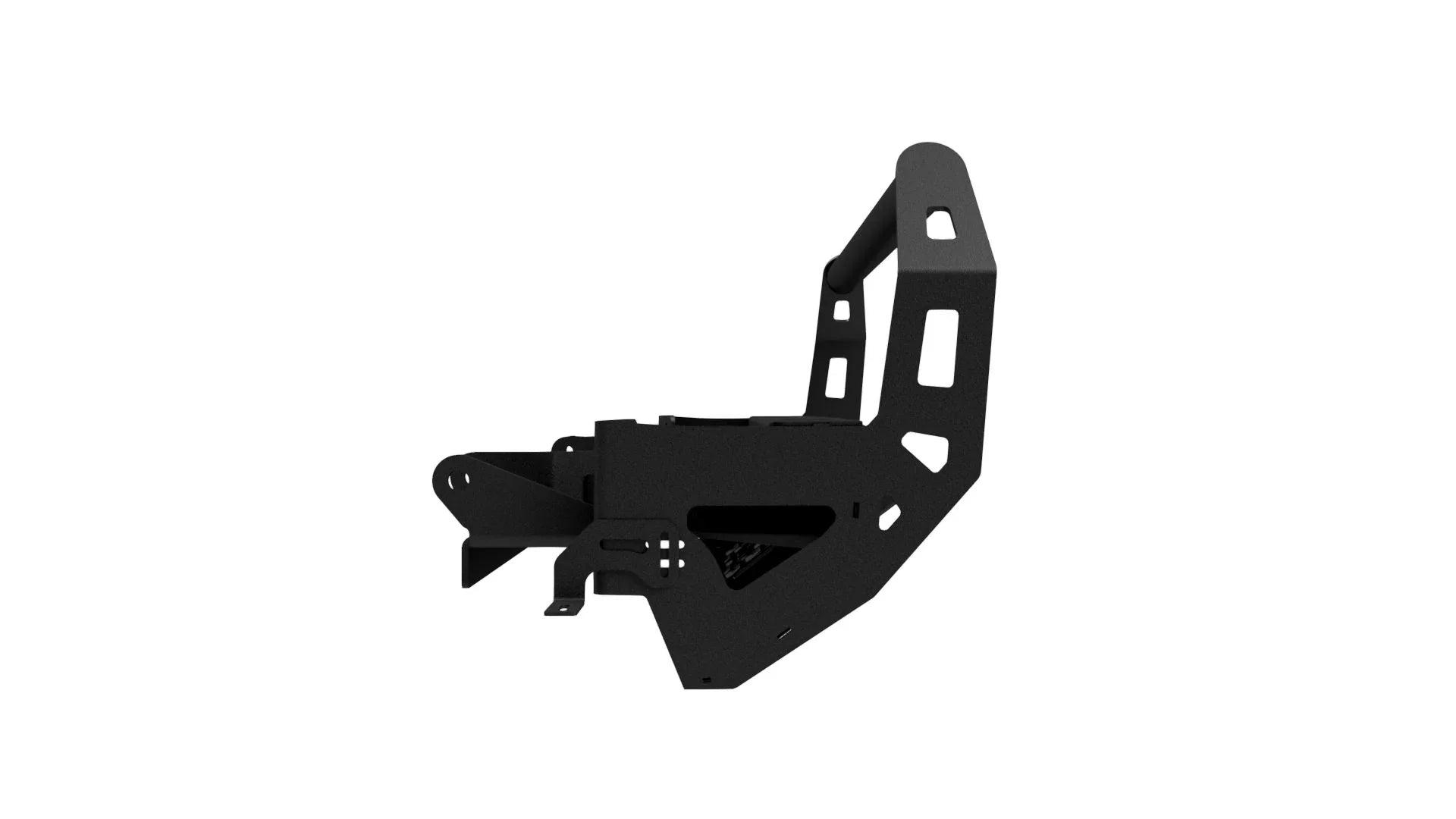 Black steel off-road rear bumper with angular cutouts for vehicle overlanding gear