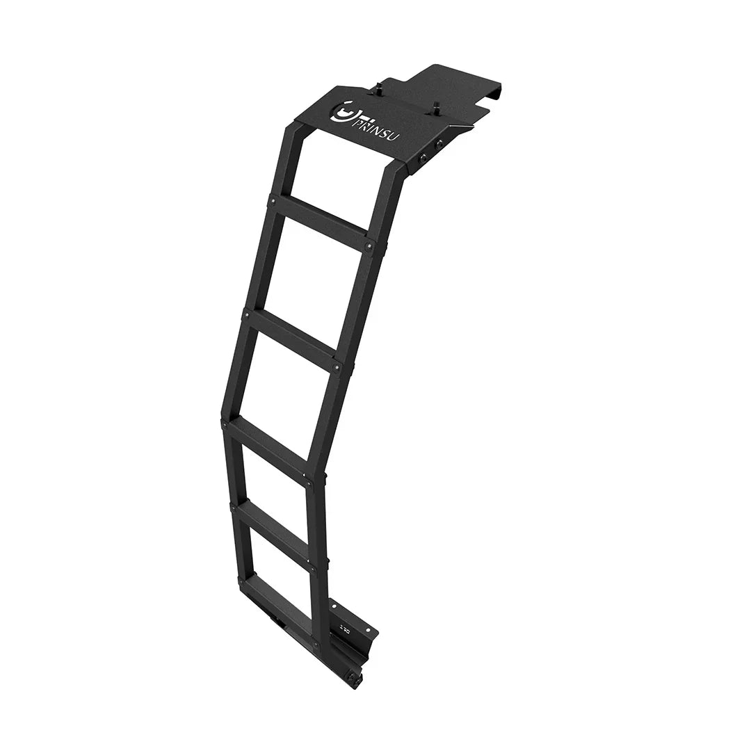 Black metal rear ladder for Toyota GX460, overland vehicle accessory, angled view