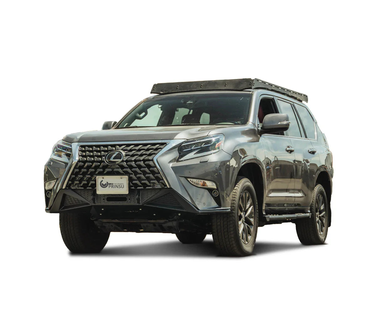 Lexus GX 460 SUV with roof rack and off-road bumper, ideal for overlanding and camping
