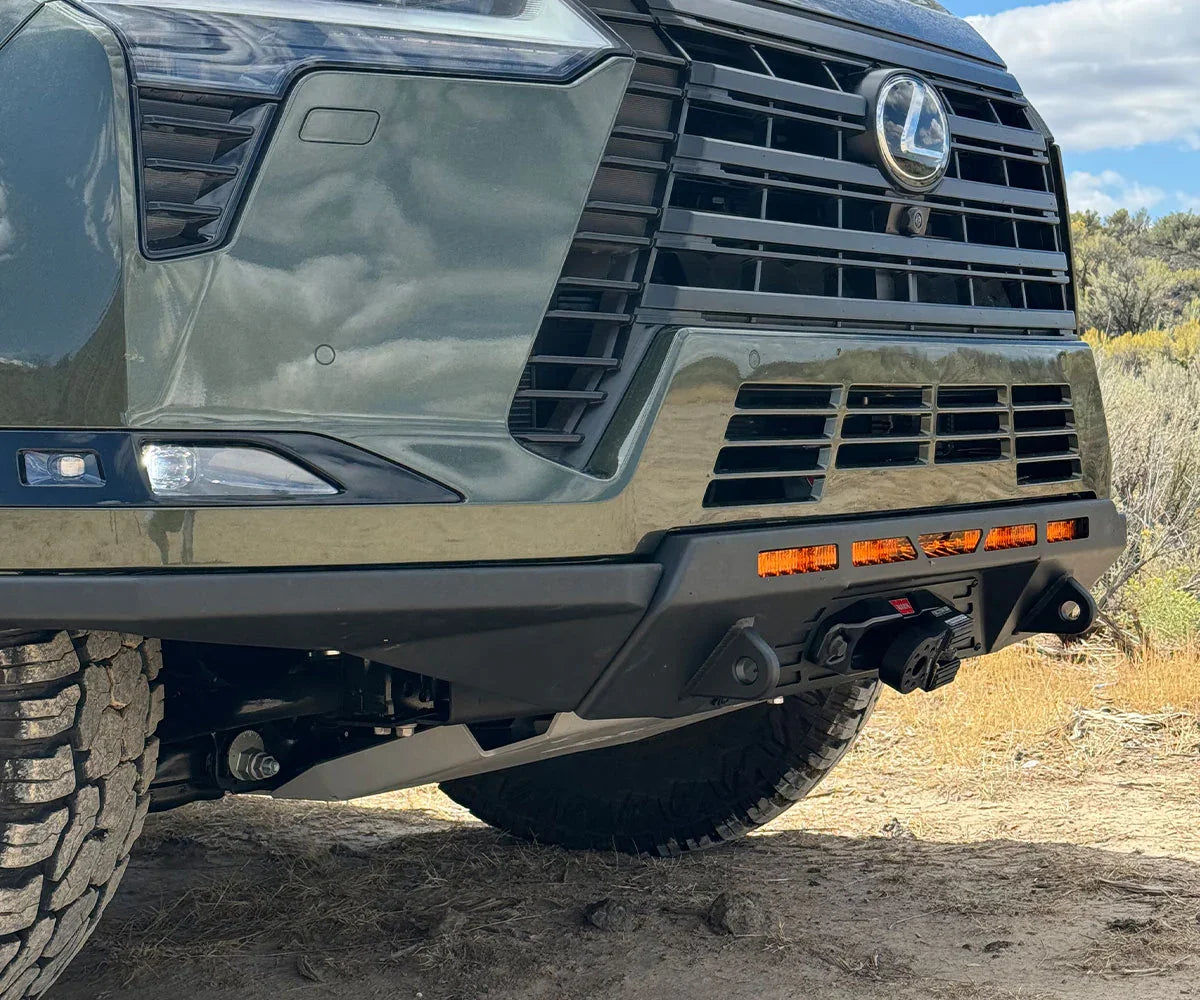 Off-road Lexus GX front bumper with integrated LED lights and rugged skid plate