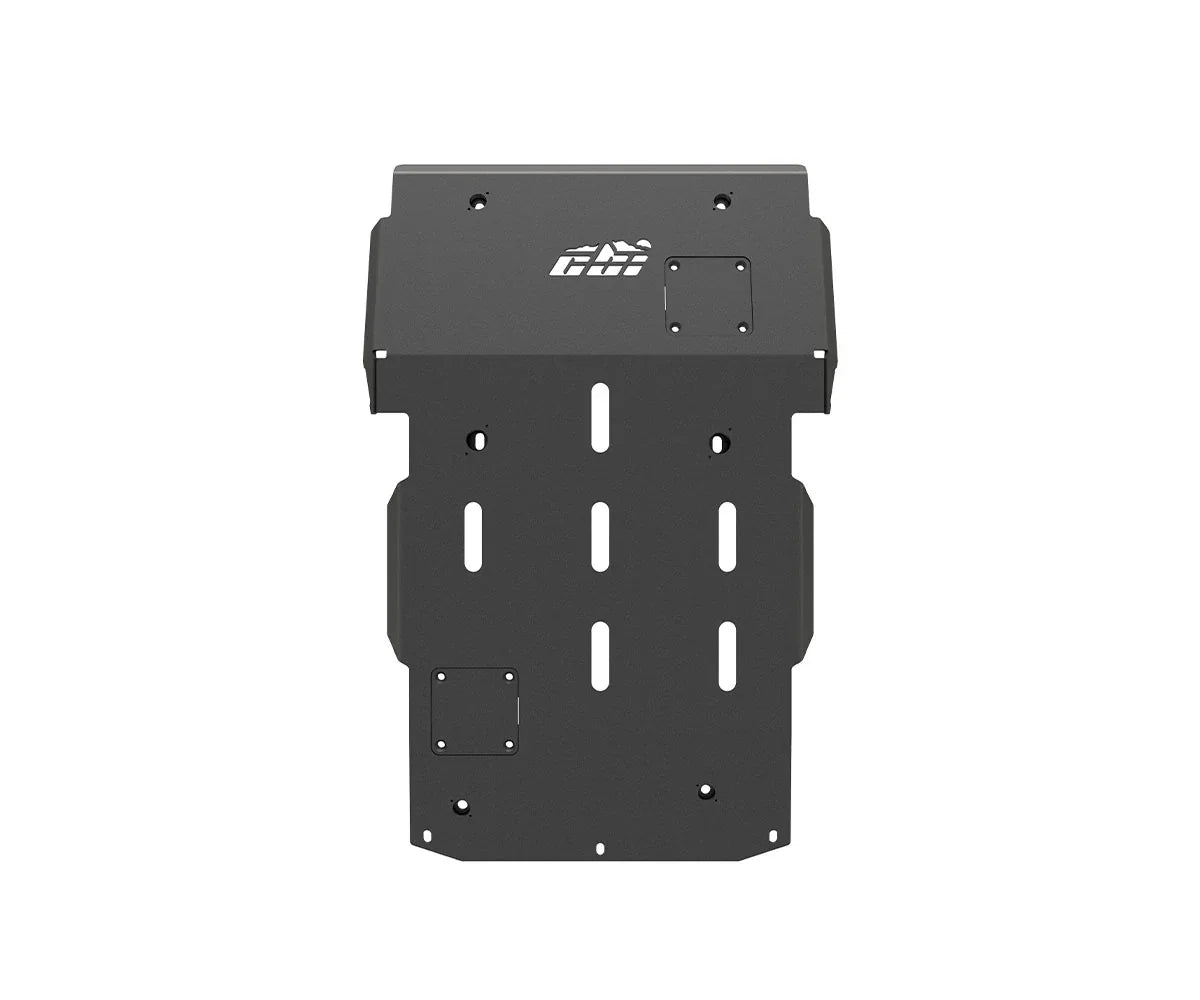 Steel skid plate for off-road vehicle protection, black with slotted cutouts and vent holes.