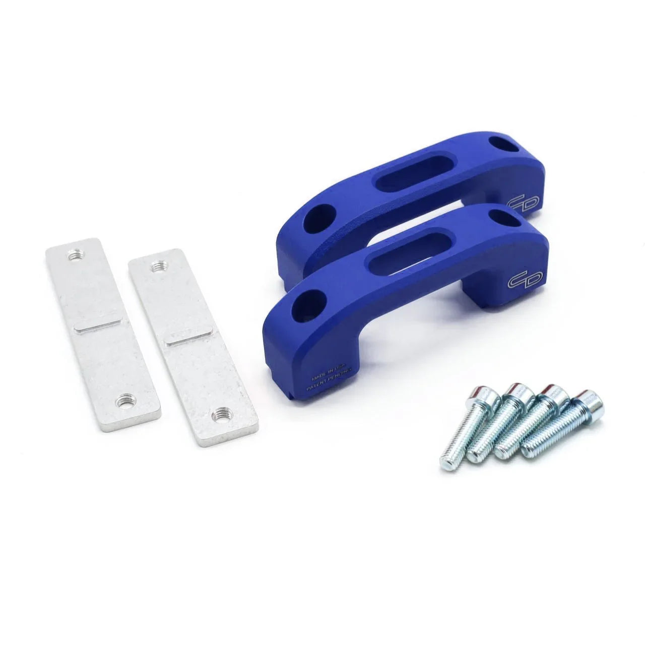 Blue powder coated rail tie down brackets with silver mounting plates and bolts for trucks