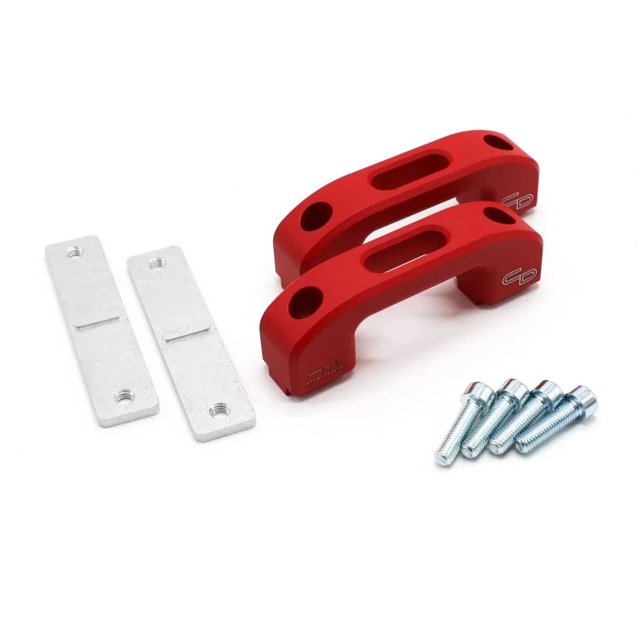 Red powder-coated rail tie down brackets with mounting hardware for off-road vehicles